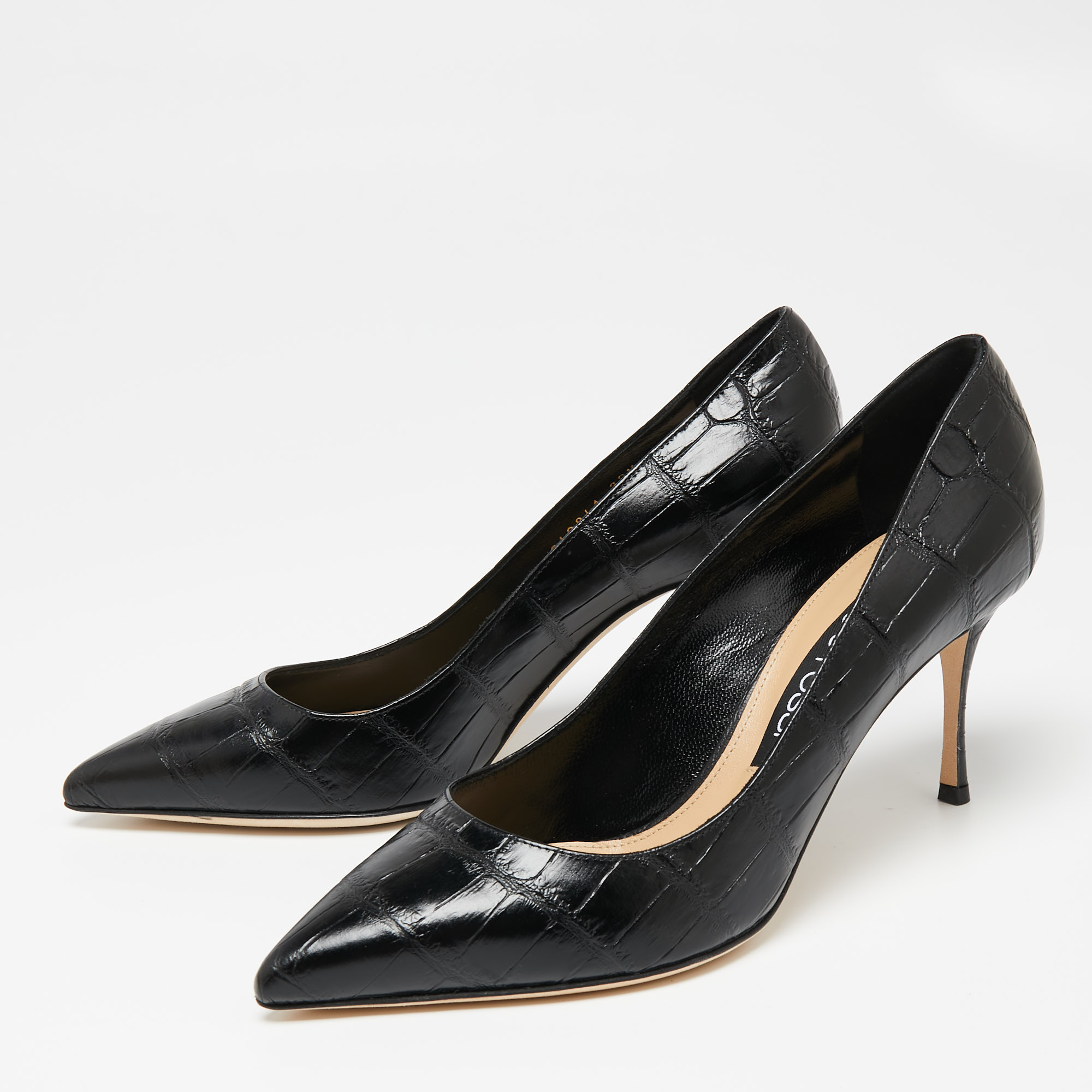 

Sergio Rossi Black Croc Embossed Leather Pointed-Toe Pumps Size