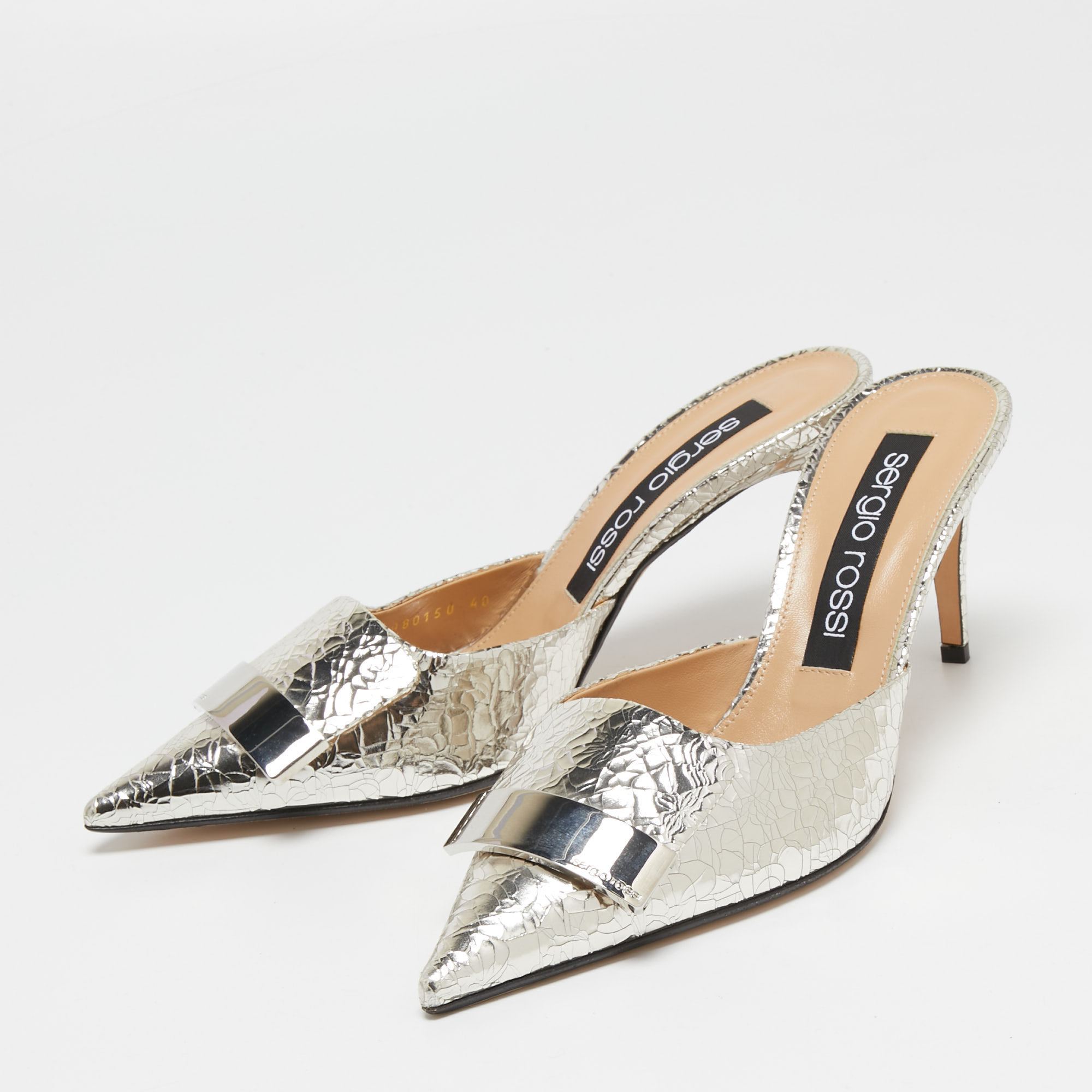 

Sergio Rossi Silver Croc Embossed Mule Sandals Size