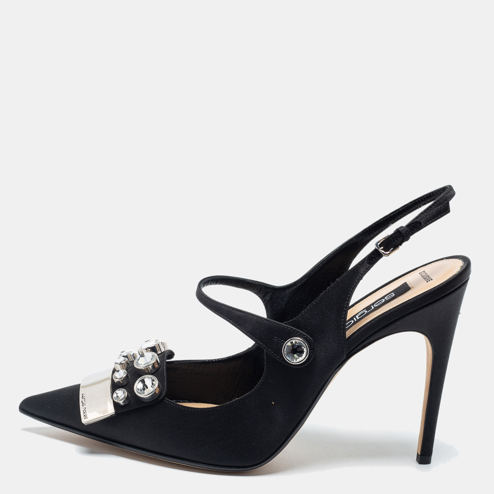 Stunningly made these sandals from Sergio Rossi bring their timeless aesthetic and glam to your ensemble with utmost ease. They are crafted using black satin which is elevated with embellishments. They are accentuated with pointed toes slender heels and a slingback. Add these chic sandals to your collection today