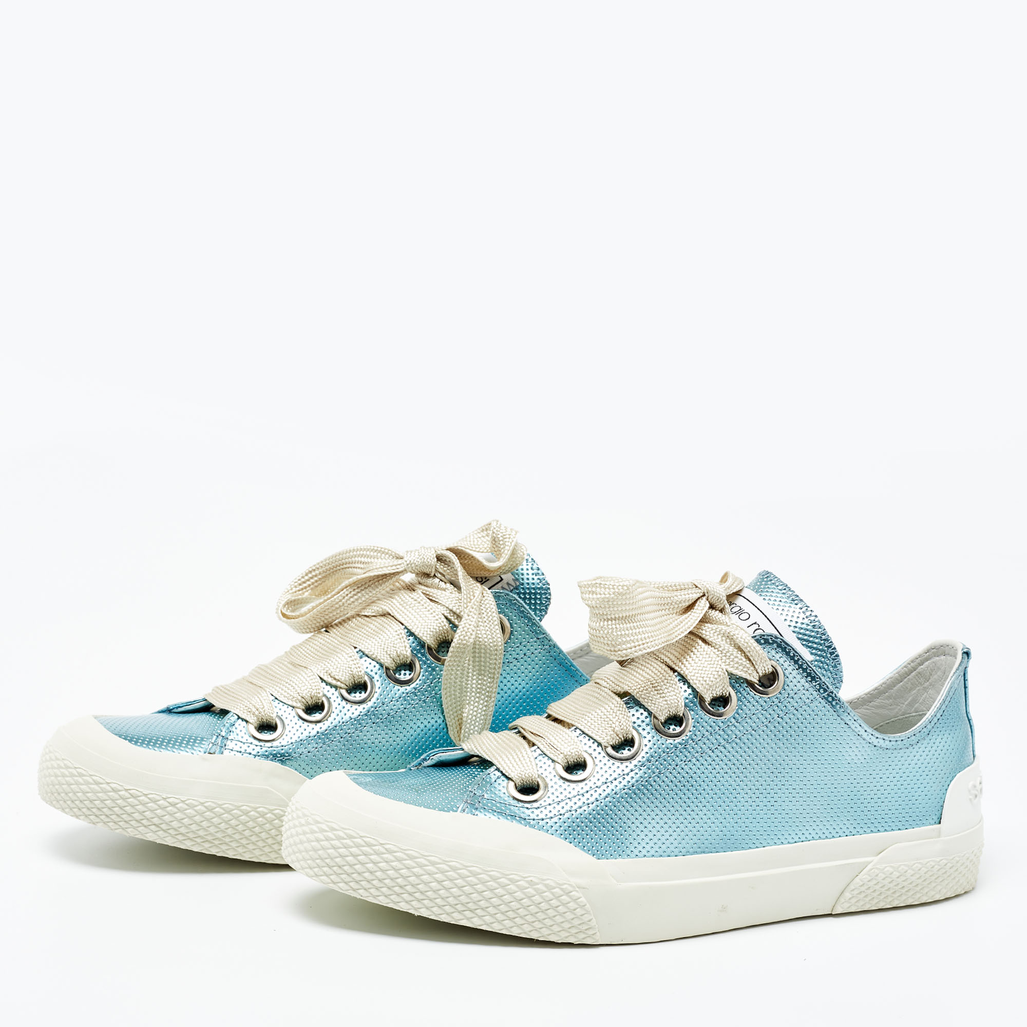 

Sergio Rossi Metallic Blue Leather Lace Up Sneakers Size