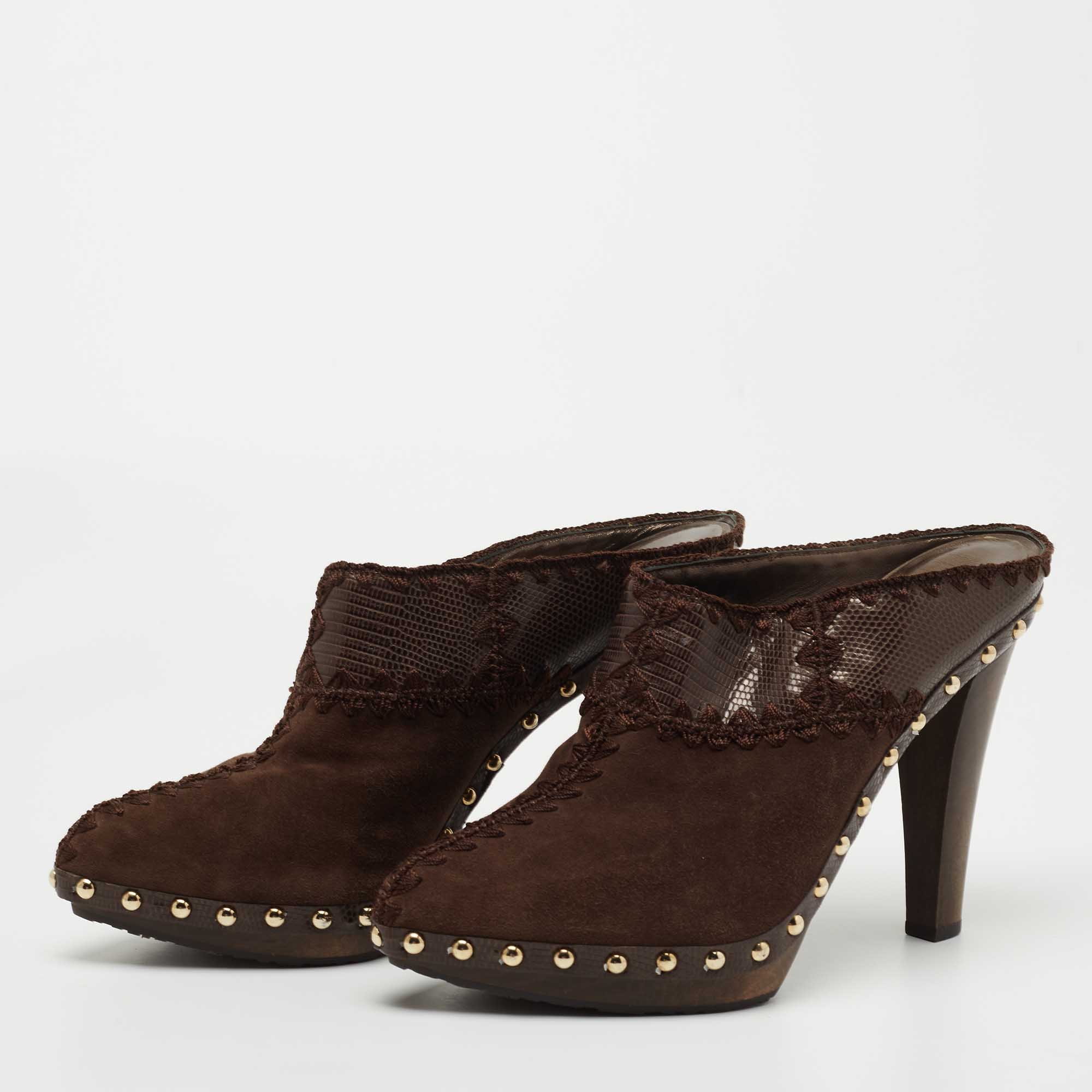 

Sergio Rossi Brown Suede and Lizard Embossed Leather Studded Platform Clogs Size