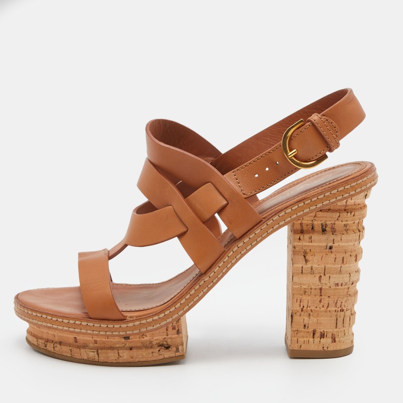 SERGIO ROSSI Pre-owned Brown Leather Cork Heel Strap Platform Sandals Size 39.5