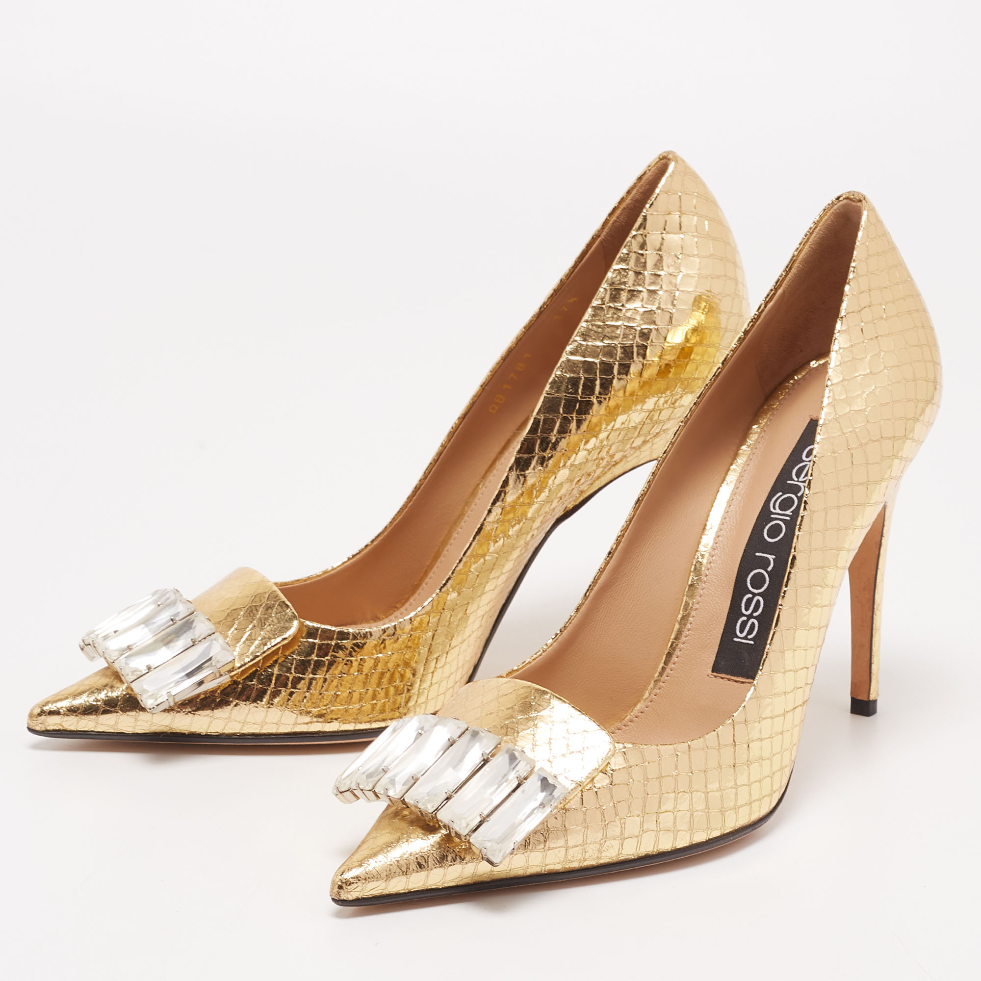 

Sergio Rossi Gold Snakeskin Embossed Leather Crystal Embellished Pumps Size