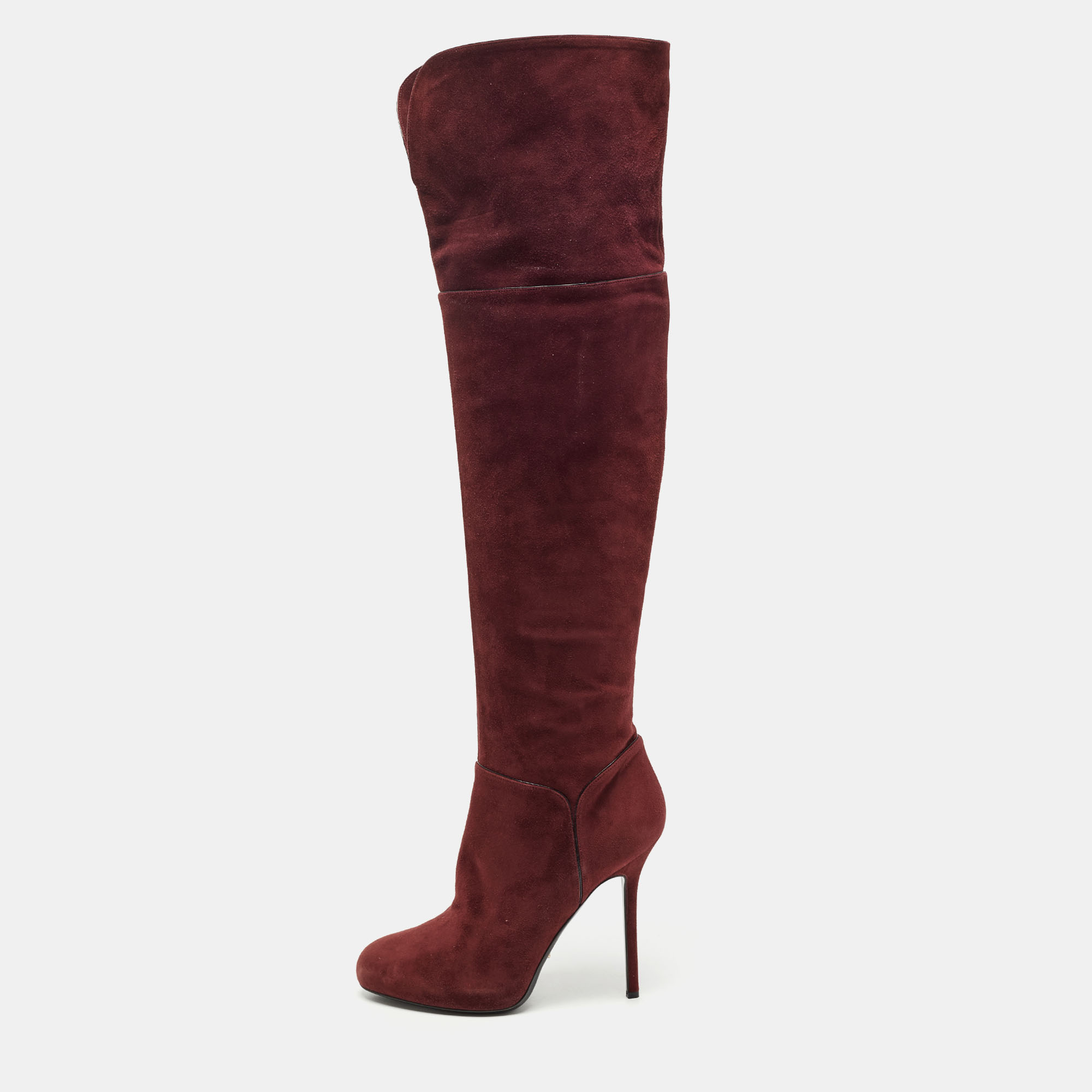 Pre-owned Sergio Rossi Burgundy Suede Zip Detail Knee Length Platform Boots Size 40.5