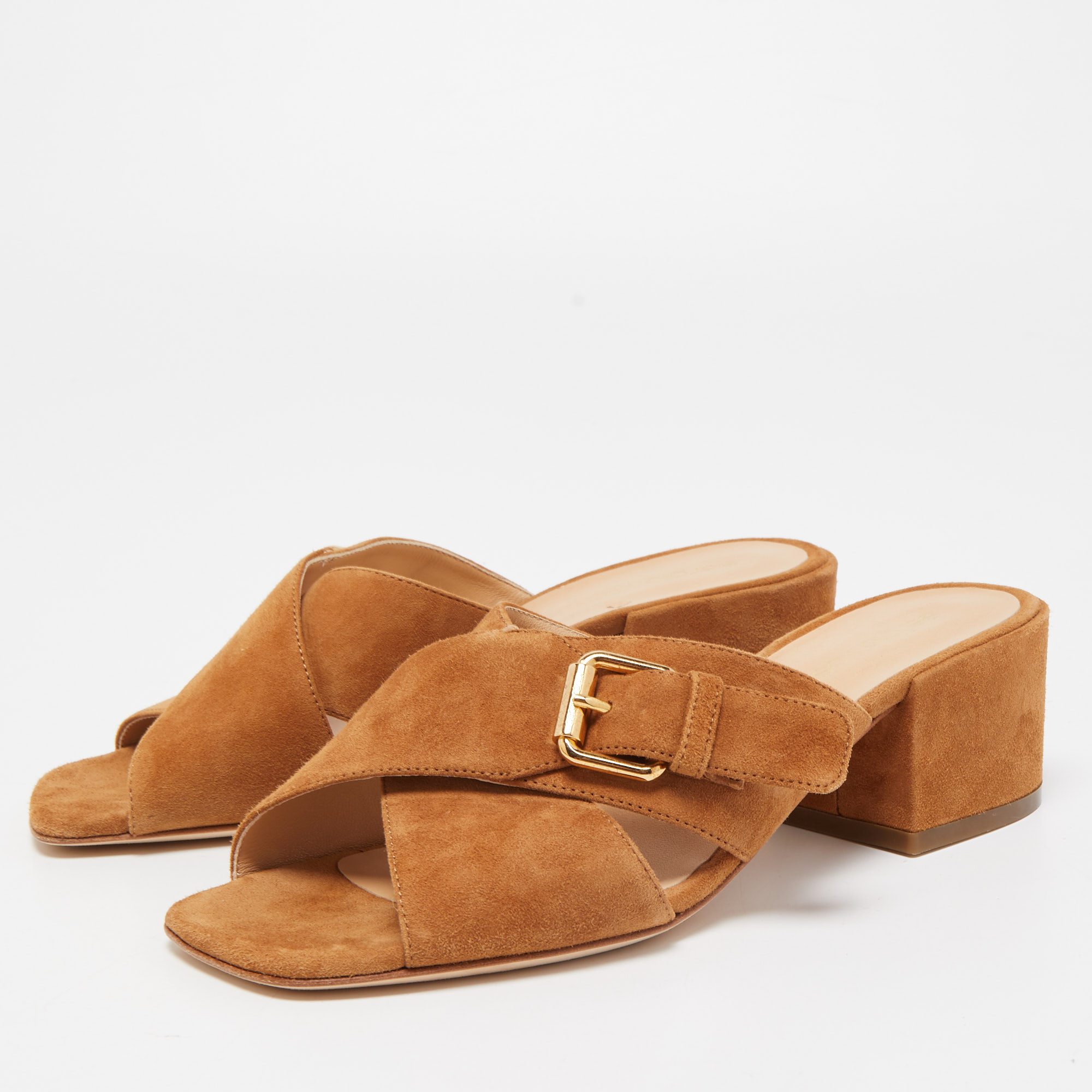 

Sergio Rossi Tan Suede Cross Strap Buckle Detail Slide Sandals Size