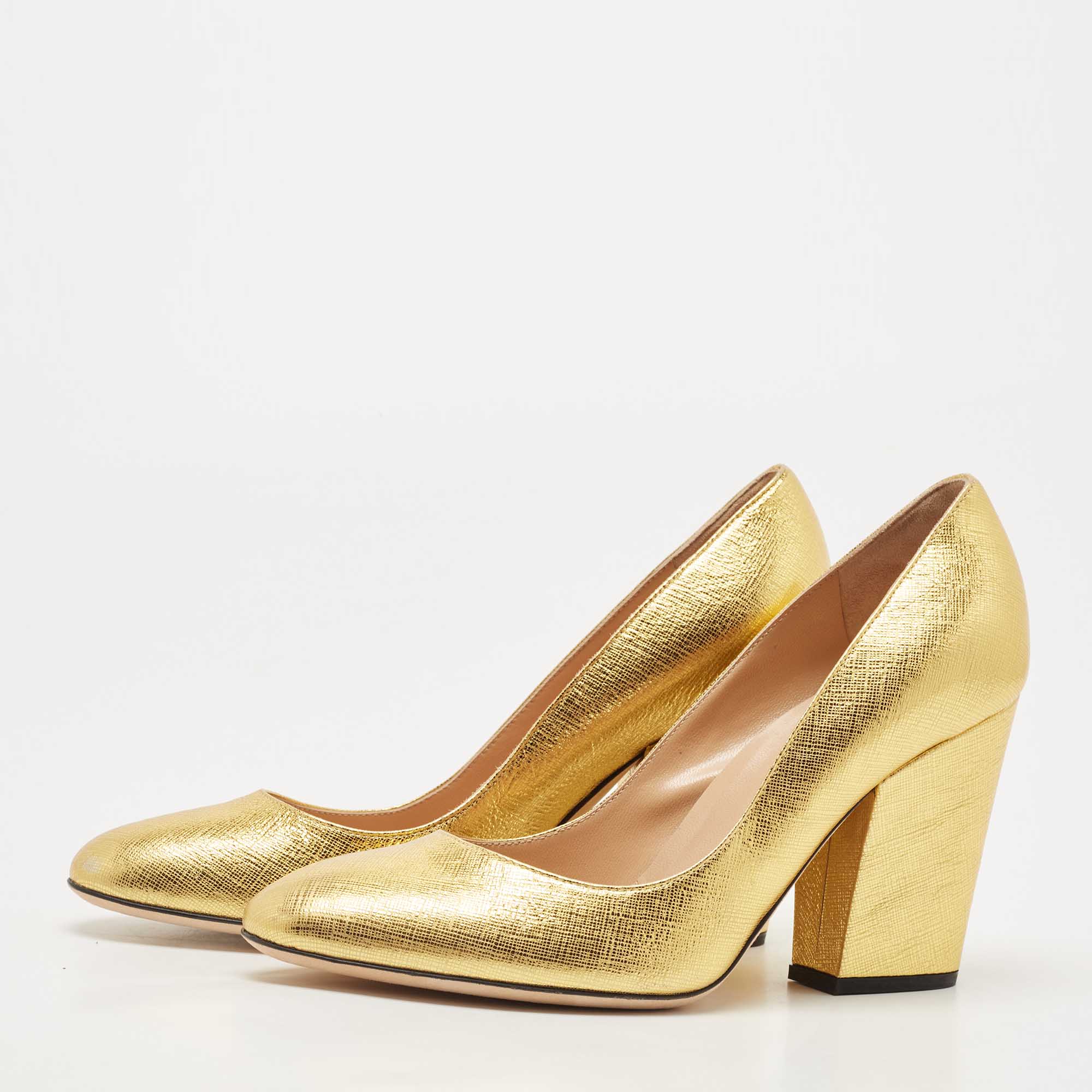 

Sergio Rossi Gold Foil Leather Block Heel Pumps Size