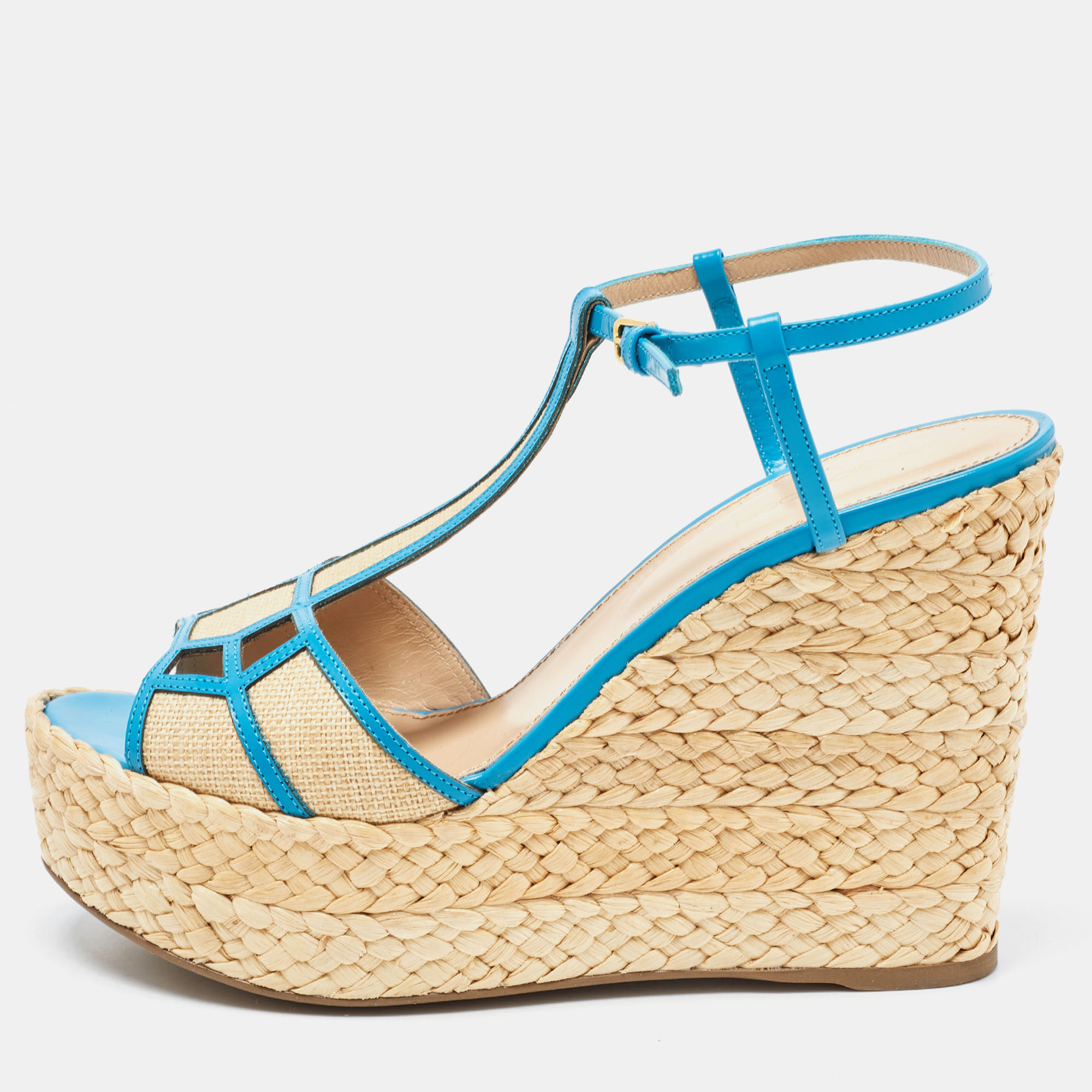 

Sergio Rossi Blue/Beige Leather and Raffia Ankle Strap Espadrille Wedge Sandals Size