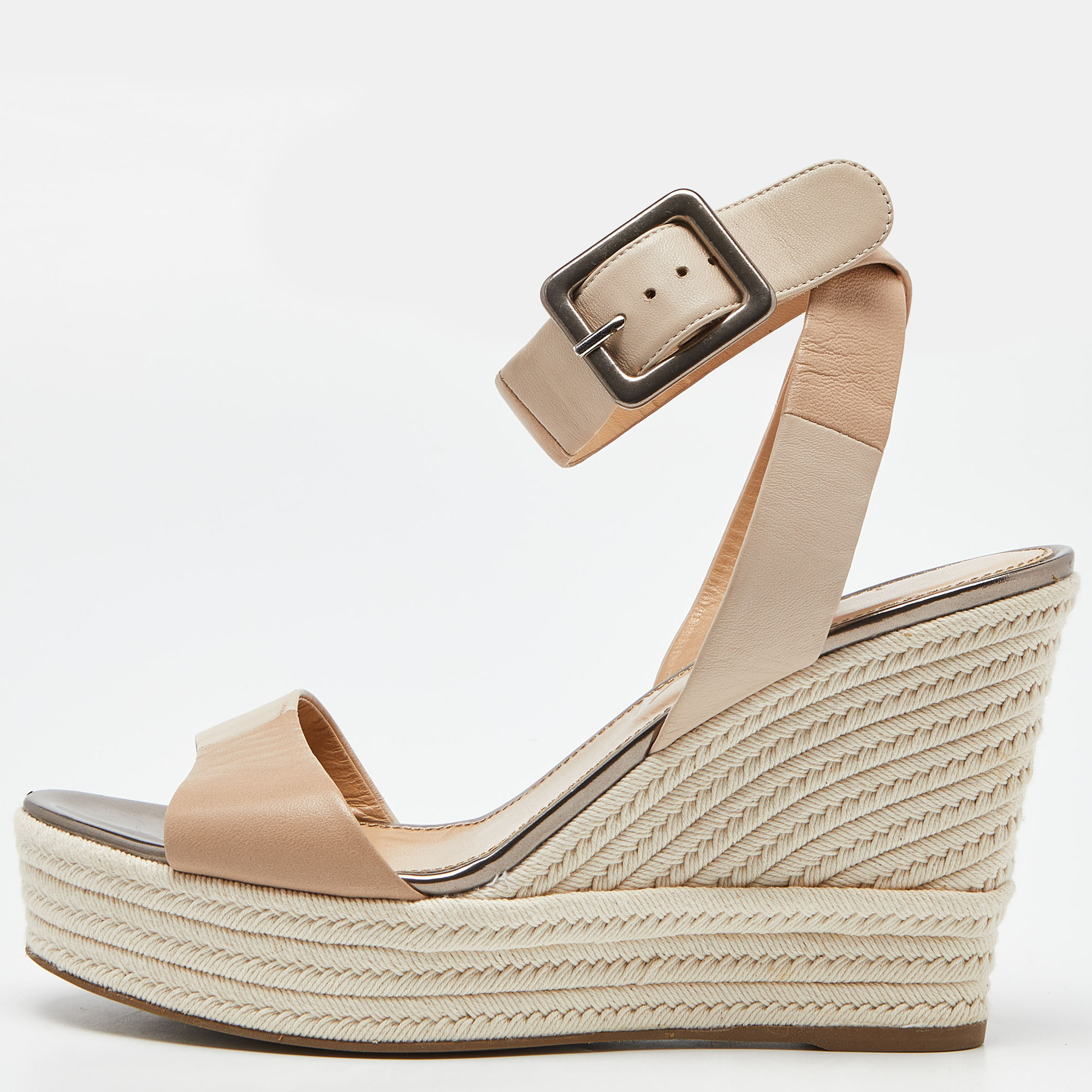 

Sergio Rossi Two Tone Leather Espadrille Wedge Ankle Wrap Sandals Size, Beige