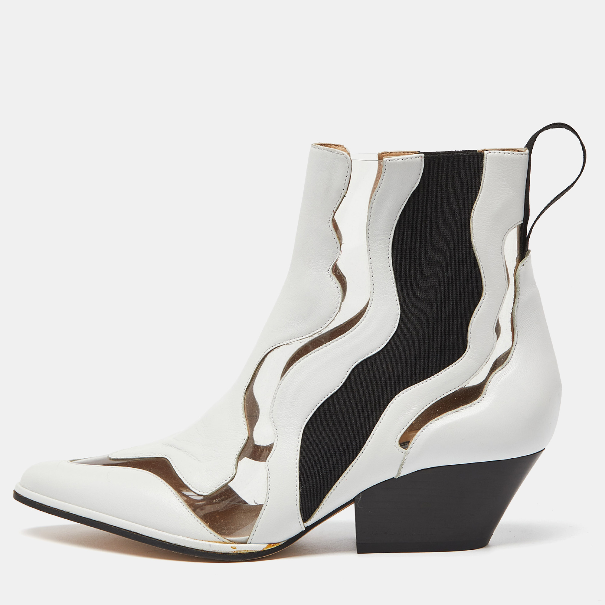

Sergio Rossi White Leather and PVC Pointed Toe Ankle Boots Size