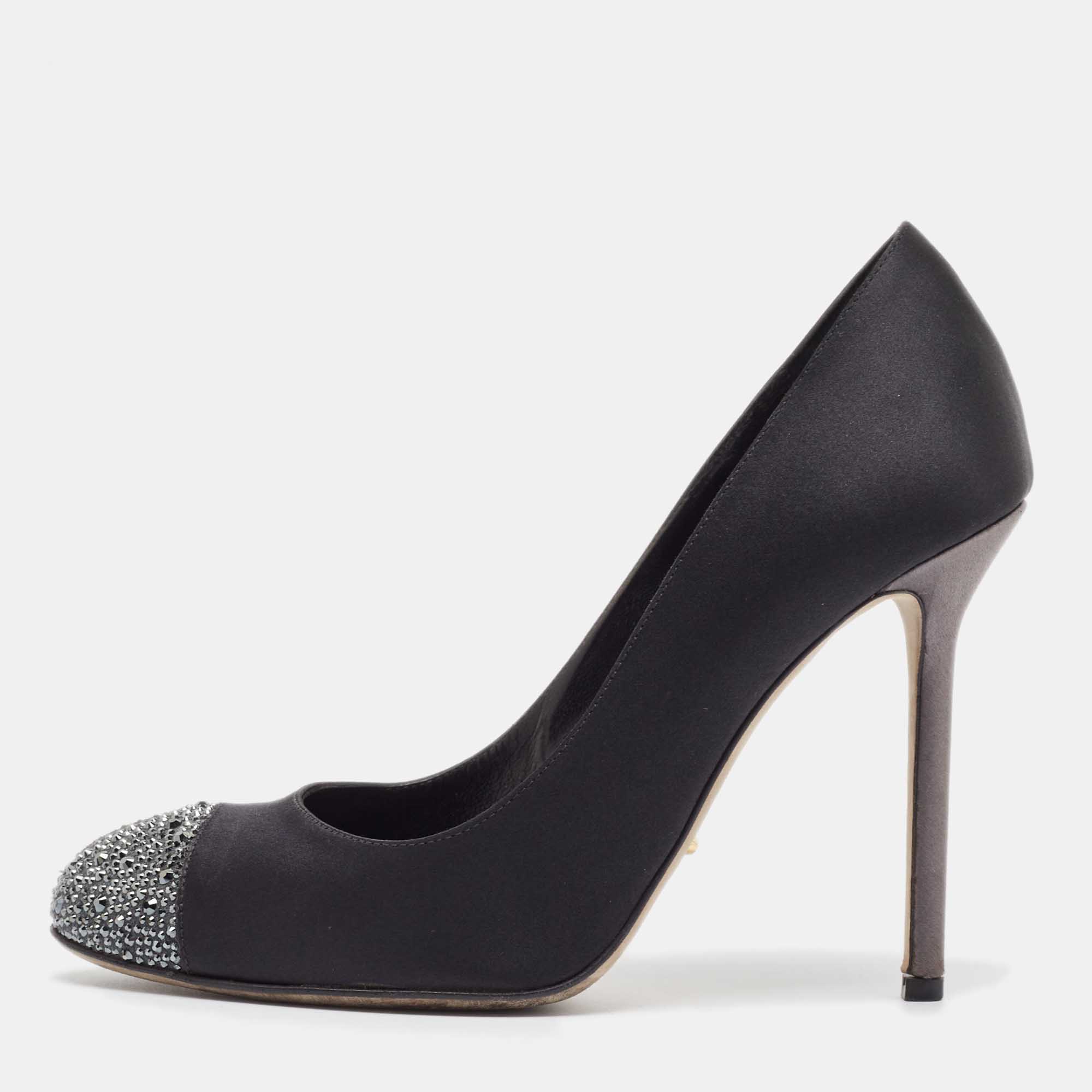 

Sergio Rossi Black/Grey Satin Crystal Embellished Peep Toe Pumps Size