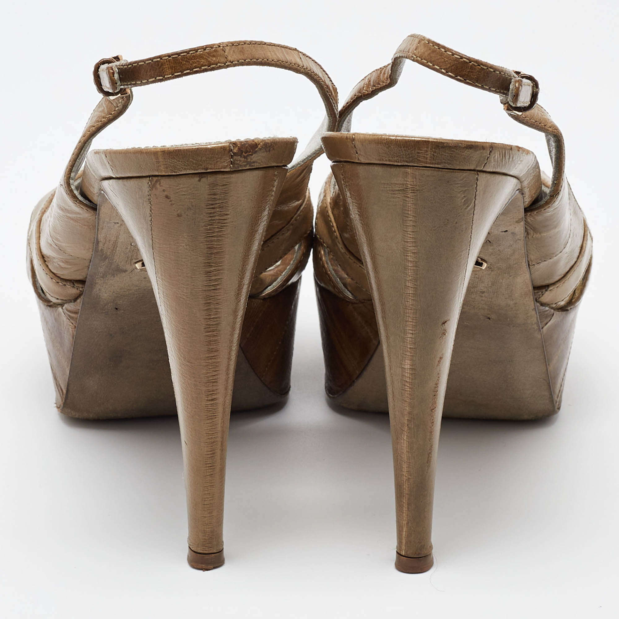 Sergio Rossi Olive Green Eel Leather Peep Toe Slingback Sandals Size 37.5 