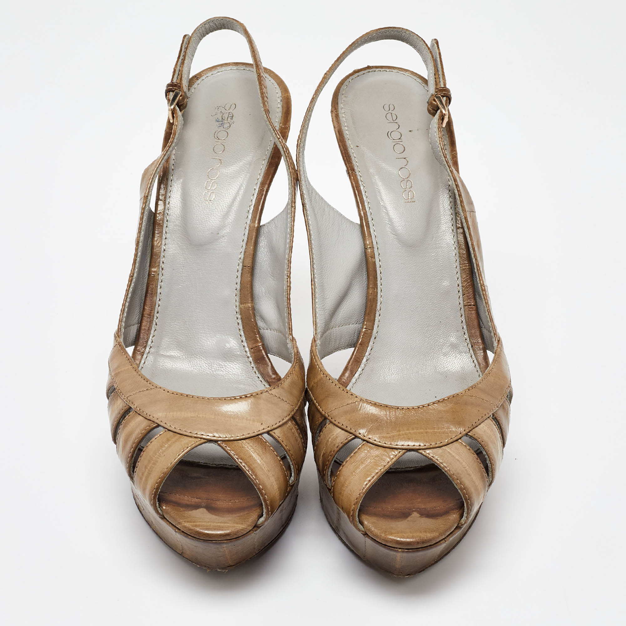 Sergio Rossi Olive Green Eel Leather Peep Toe Slingback Sandals Size 37.5 