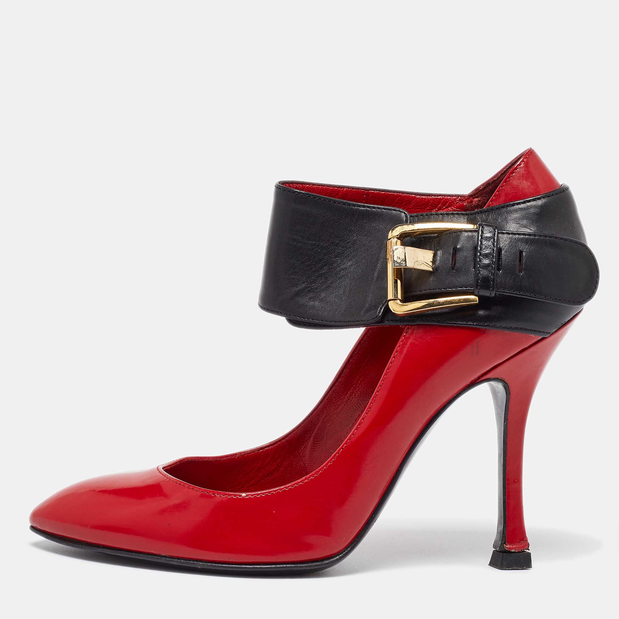 

Sergio Rossi Red/Black Leather Buckle Ankle Cuff Pointed Toe Pumps Size