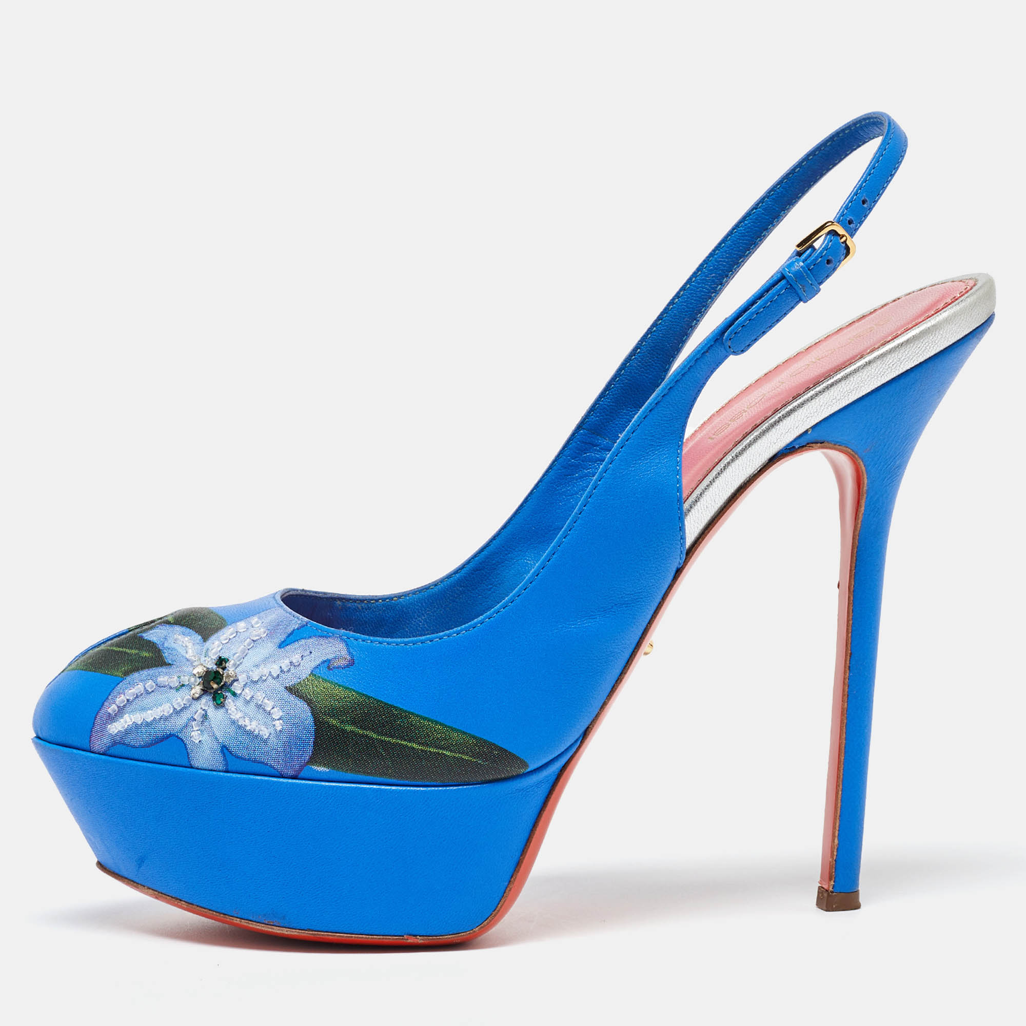 

Sergio Rossi Blue Leather Peep Toe Platform Slingback Pumps Size