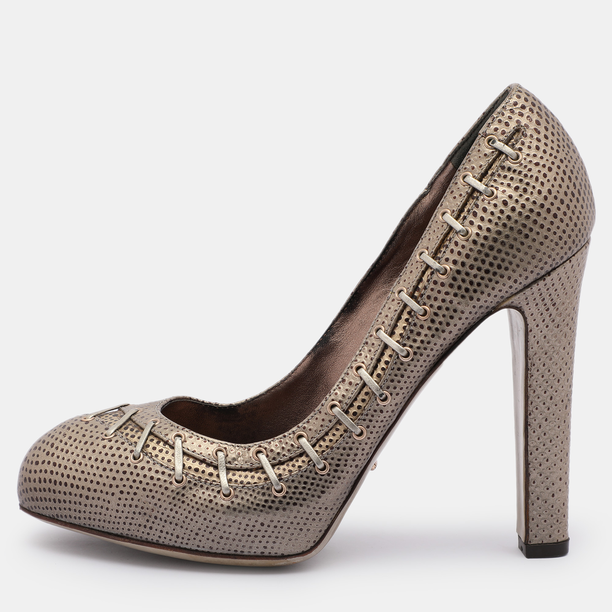 

Sergio Rossi Silver/Brown Lizard Embossed Leather Embellished Pumps