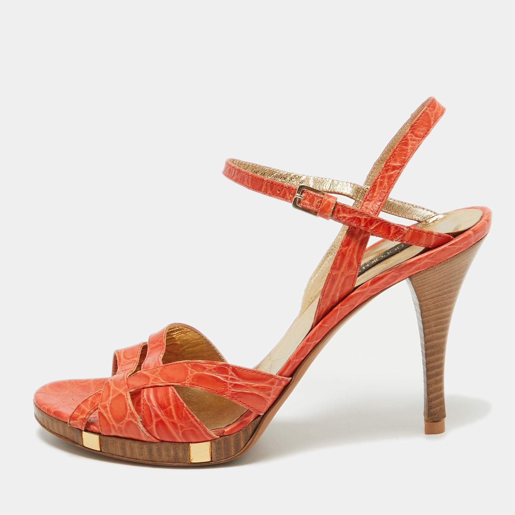 

Sergio Rossi Orange Croc Embossed Leather Ankle Strap Sandals Size