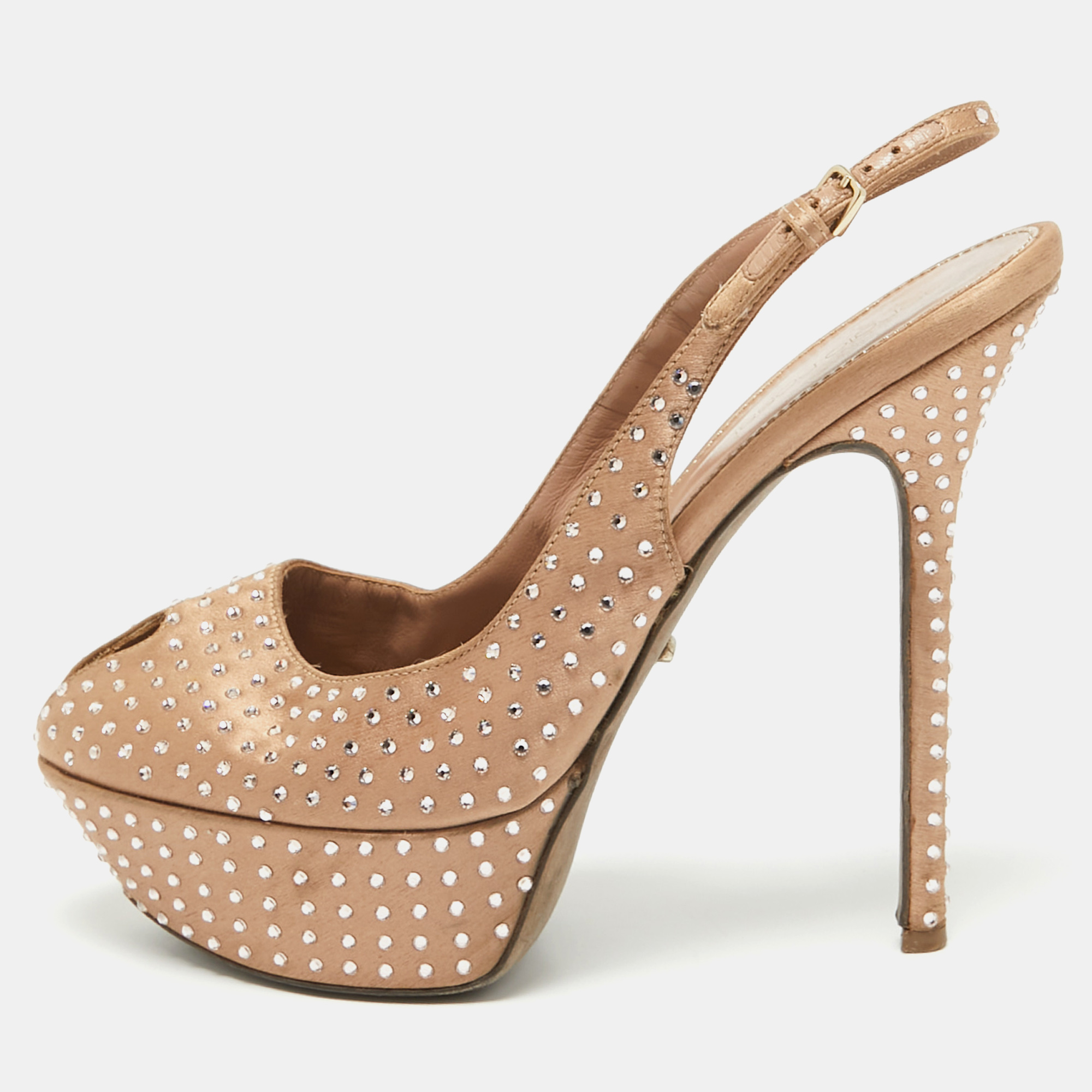 

Sergio Rossi Light Brown Crystal Embellished Satin Peep Toe Platform Slingback Pumps Size