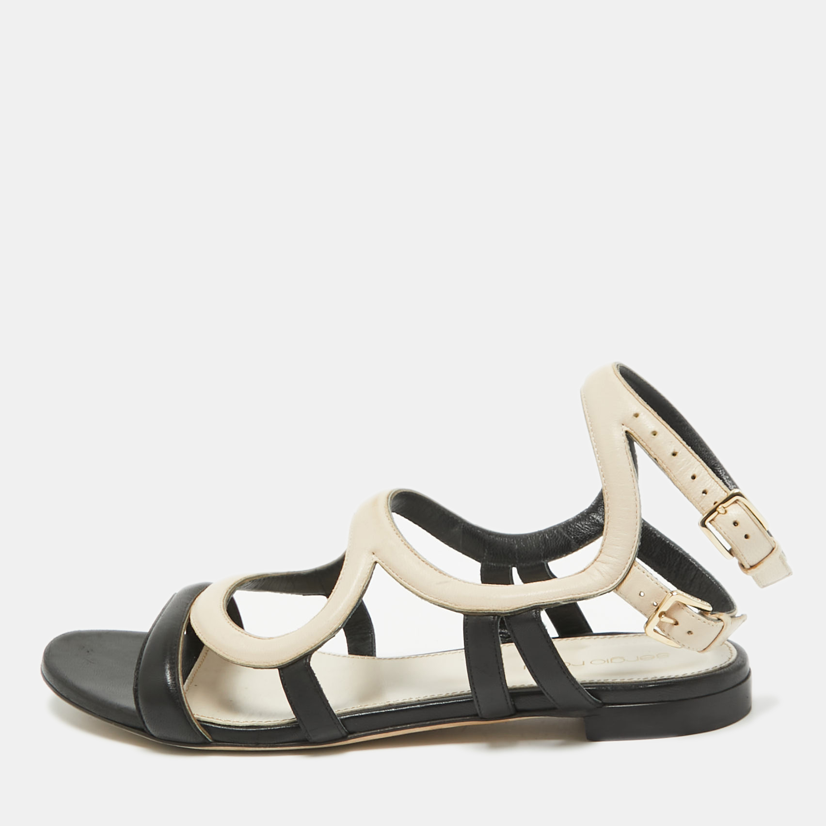 

Sergio Rossi Beige/Black Leather Ankle Strap Flats Size