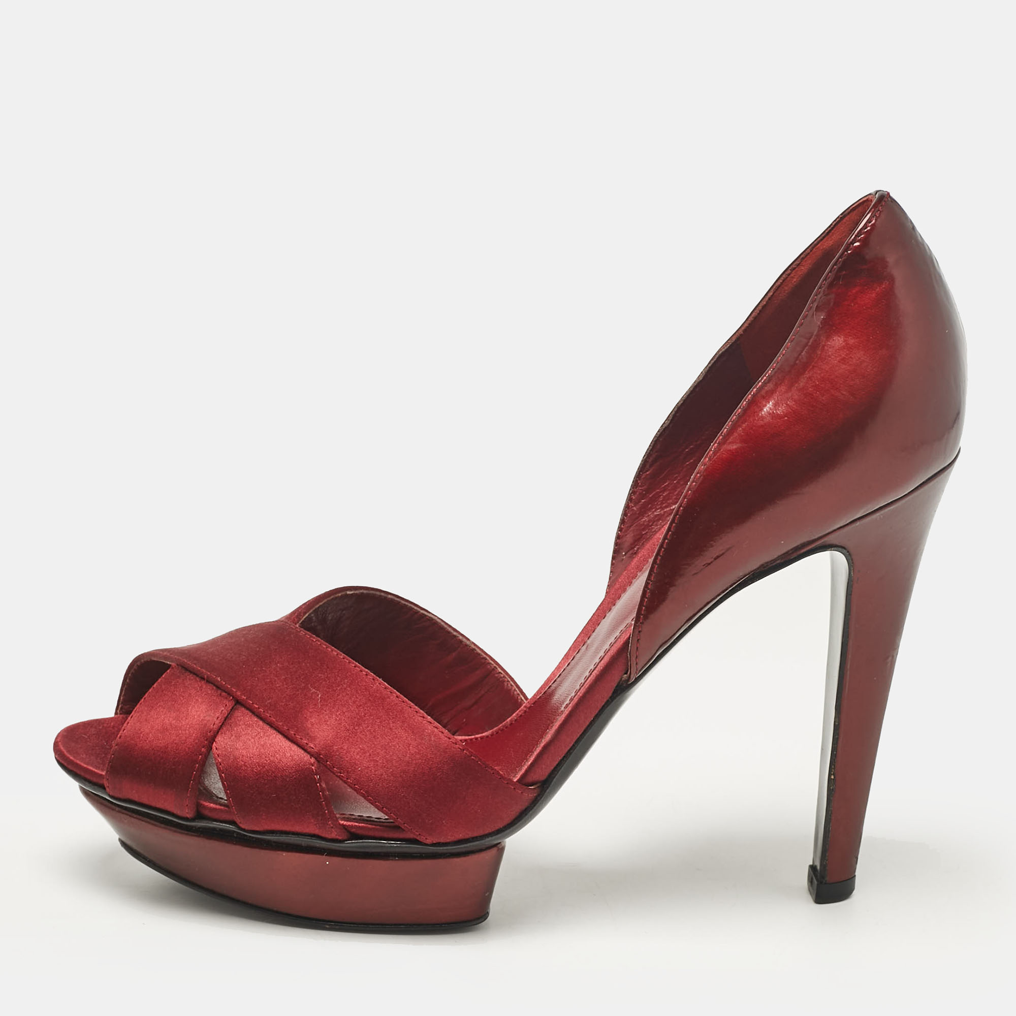 

Sergio Rossi Burgundy Leather and Satin Peep Toe Pumps Size