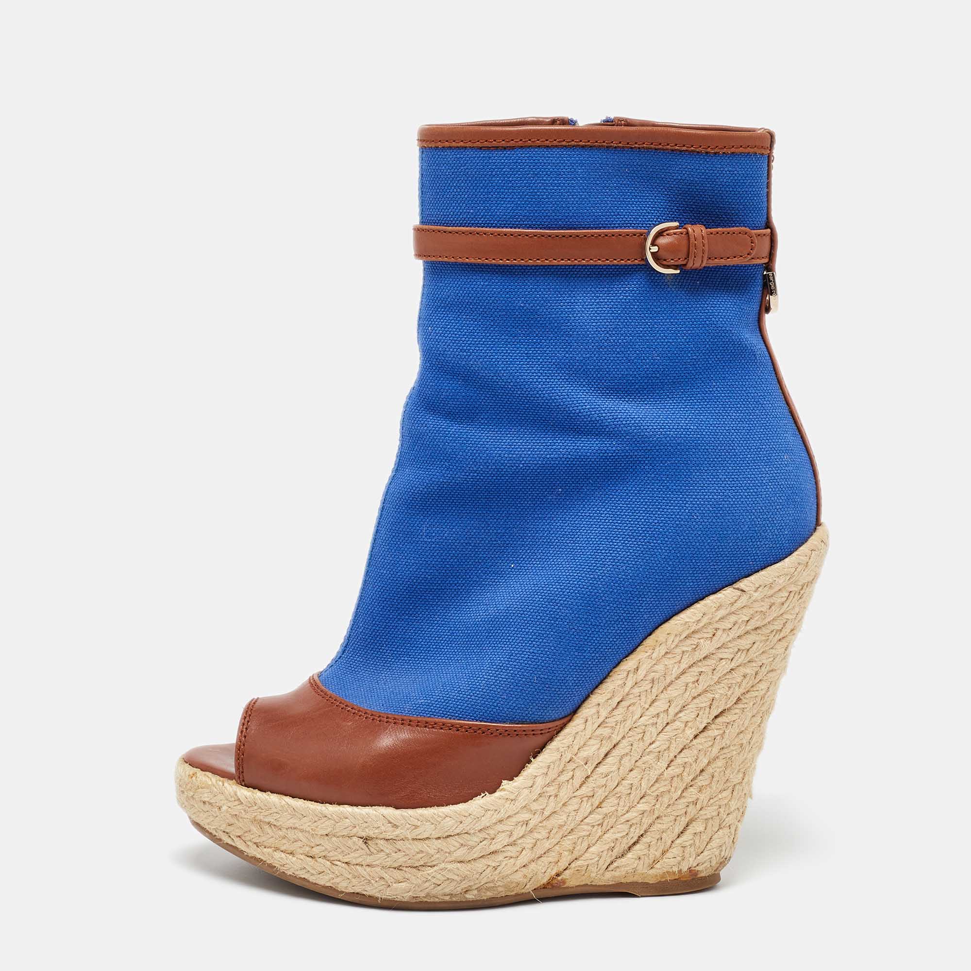 

Sergio Rossi Blue/Brown Canvas and Leather Espadrille Wedge Boots Size