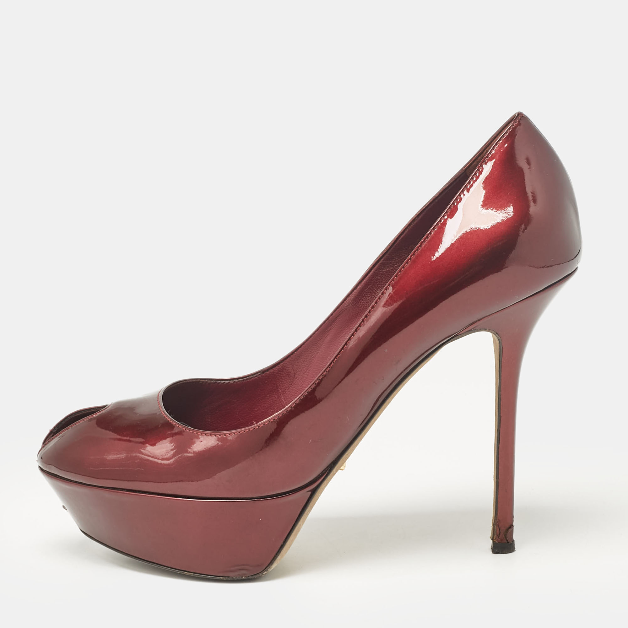 

Sergio Rossi Burgundy Patent Leather Peep Toe Platform Pumps Size