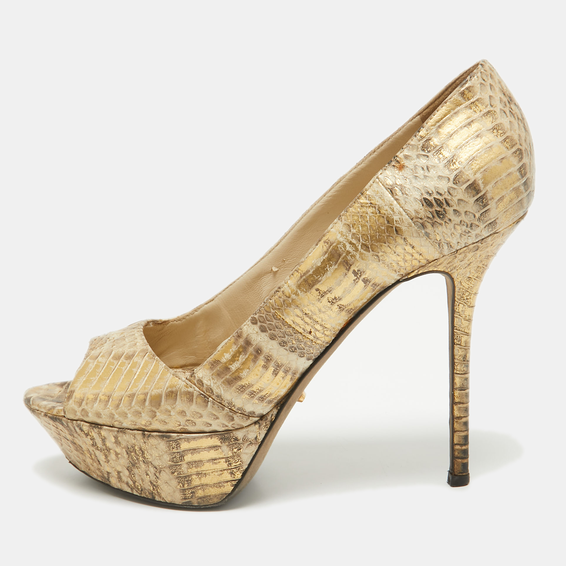 

Sergio Rossi Gold Snakeskin Embossed Leather Peep Toe Pumps Size