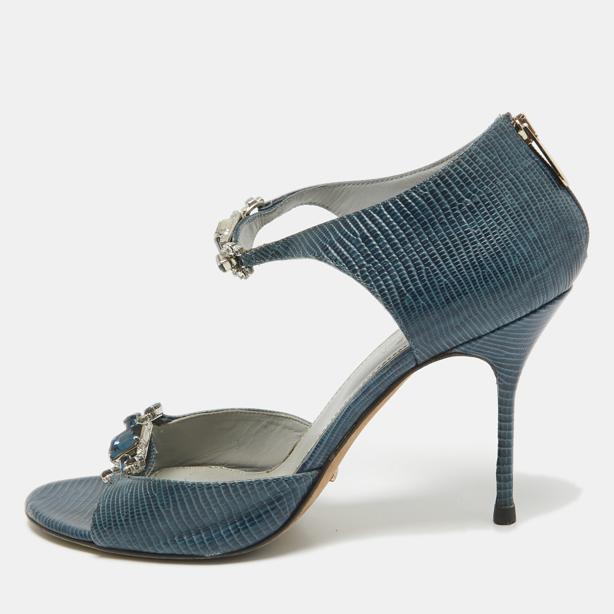 

Sergio Rossi Blue Lizard Embossed Leather Embellished Open Toe Sandals Size