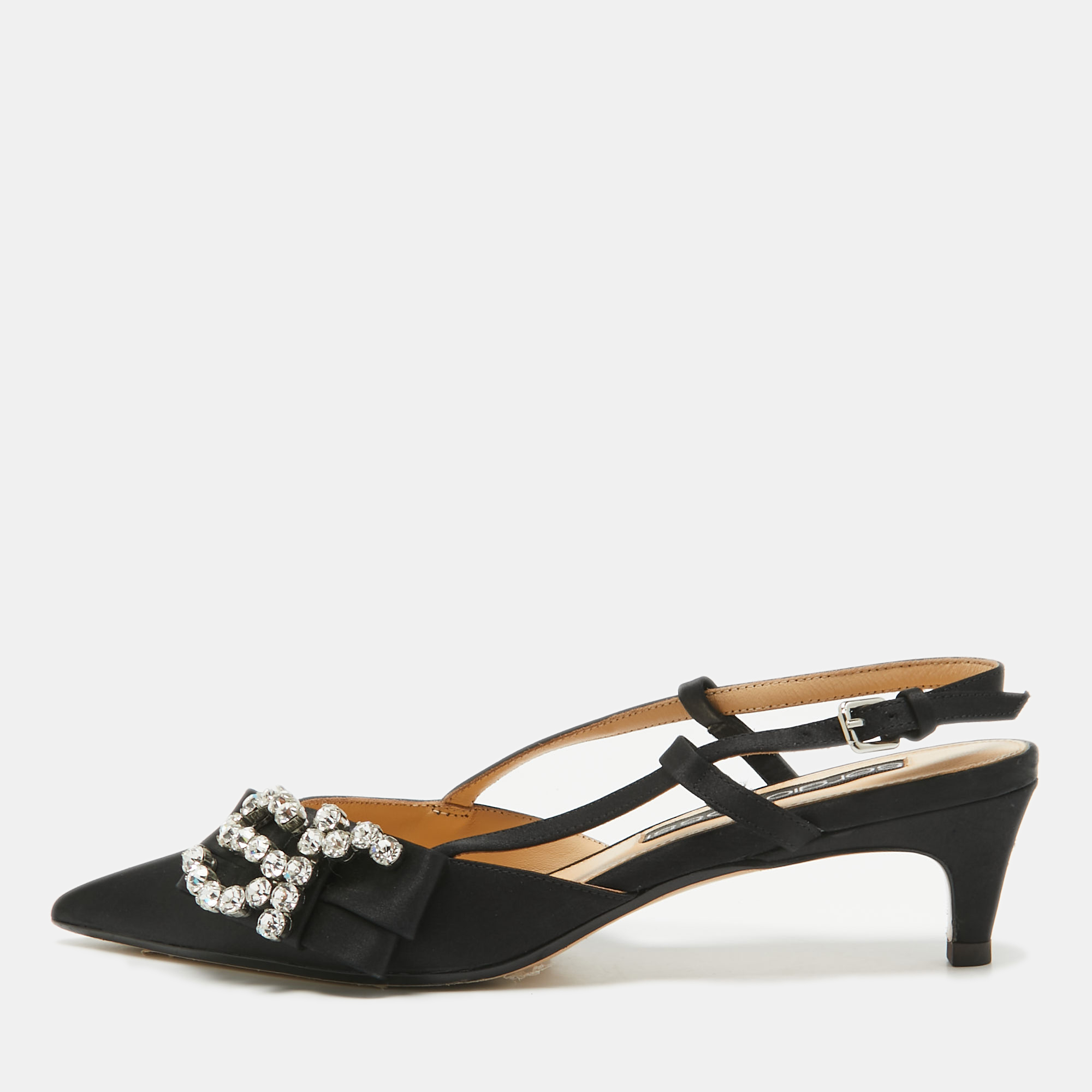 

Sergio Rossi Black Satin Crystal Embellished SR Slingback Pumps Size