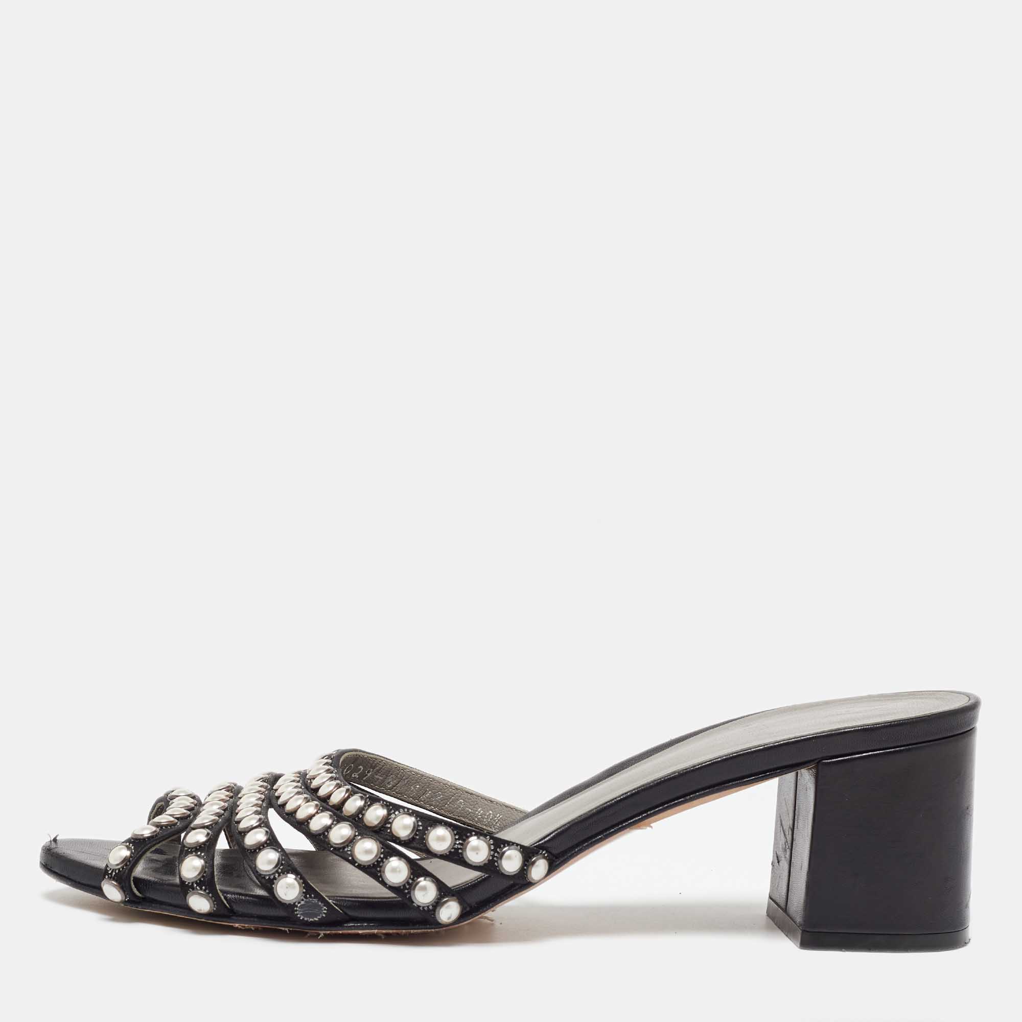 

Sergio Rossi Black Satin Pearl Studded Slide Sandals Size