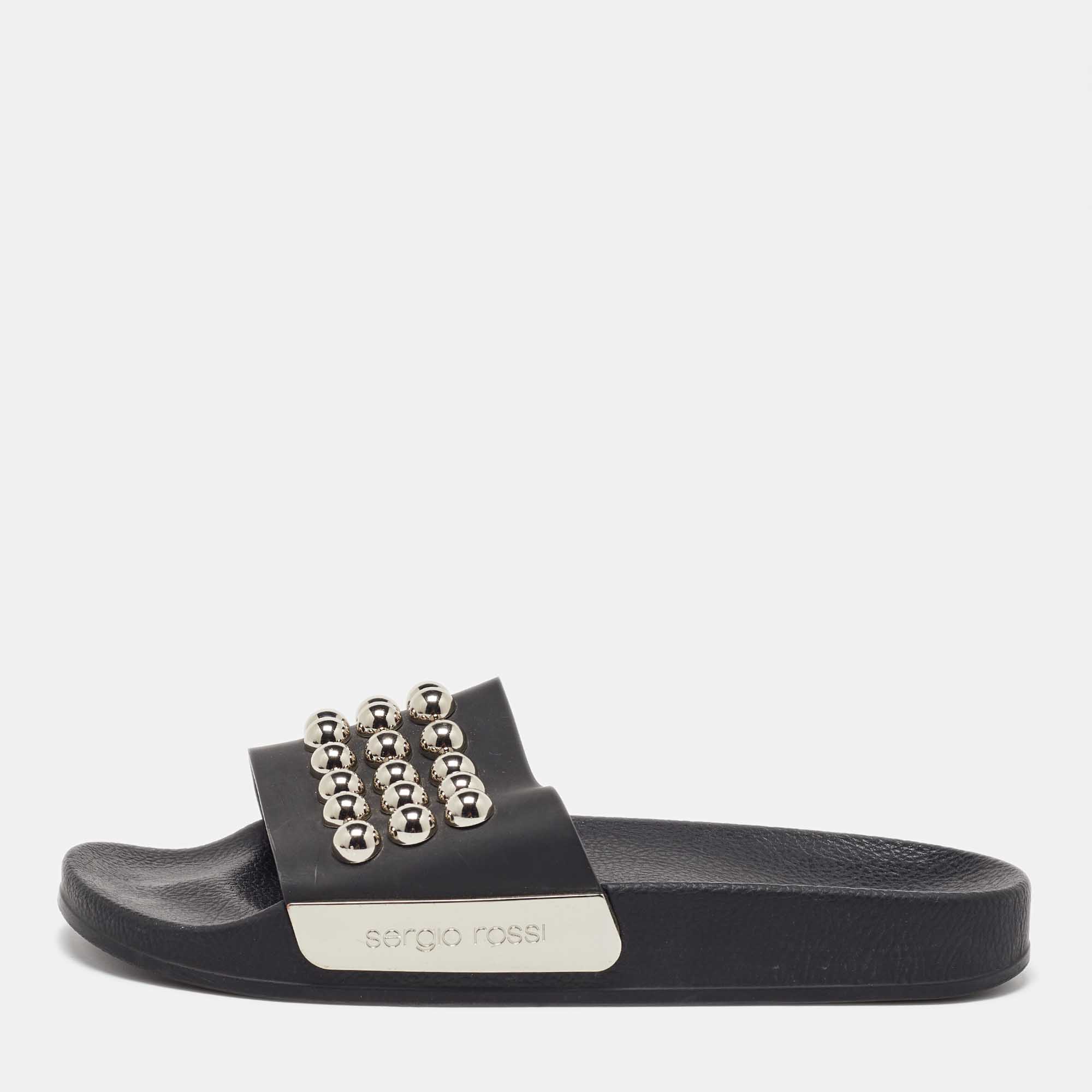 

Sergio Rossi Black Rubber Studded Pool Slides Size