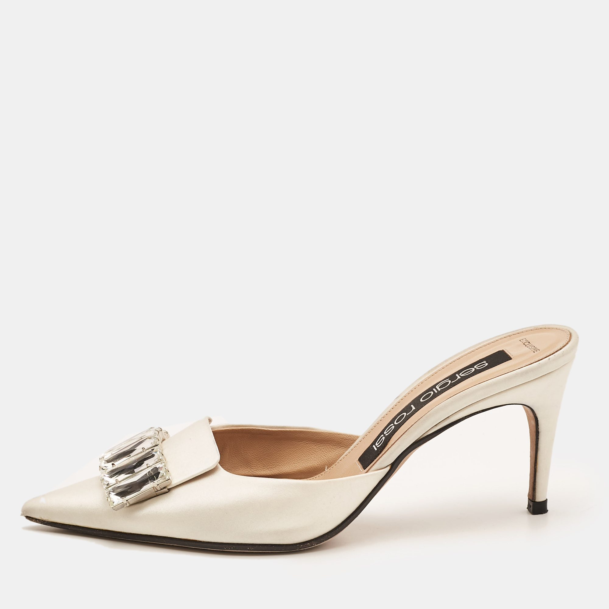 

Sergio Rossi Off White Satin Crystal Embellished Mules Size