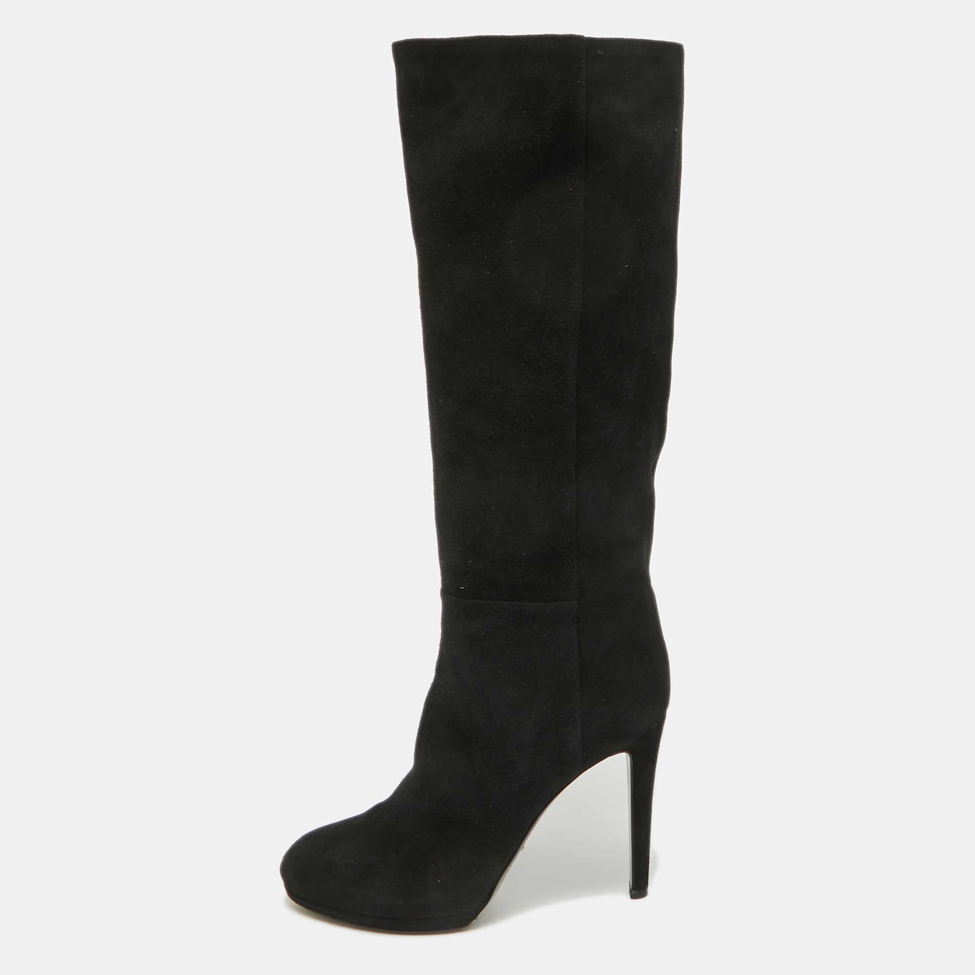 Pre-owned Sergio Rossi Black Suede Platform Knee Length Boots Size 38