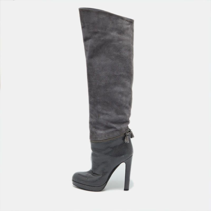 

Sergio Rossi Grey Suede and Snakeskin Thigh High Boots Size