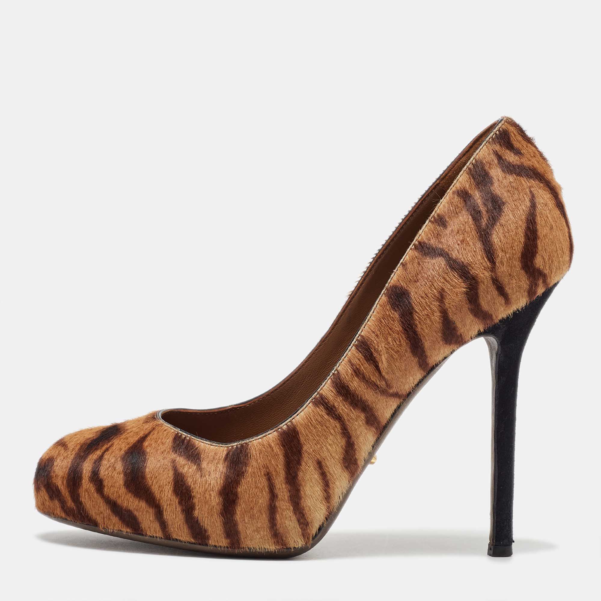 

Sergio Rossi Brown Tiger Stripes Print Calf Hair Platform Pumps Size