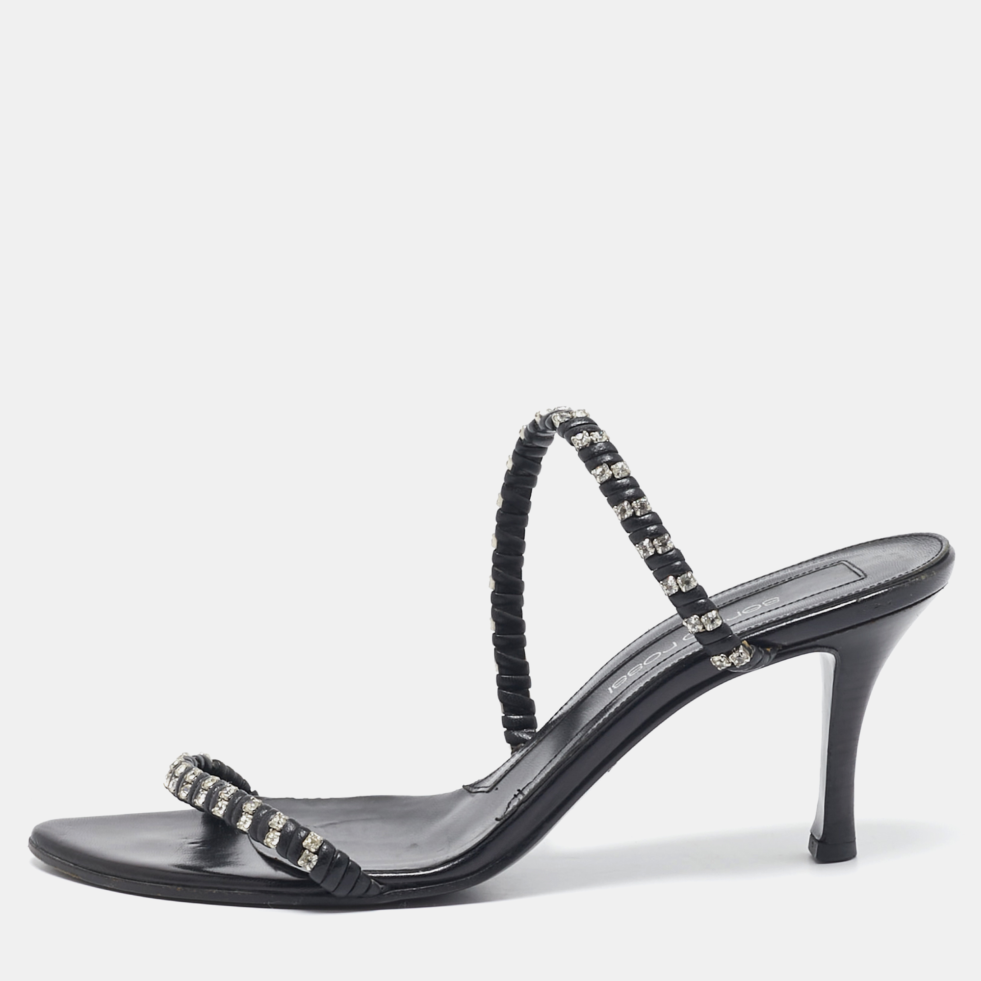 

Sergio Rossi Black Leather Crystal Embellished Slide Sandals Size