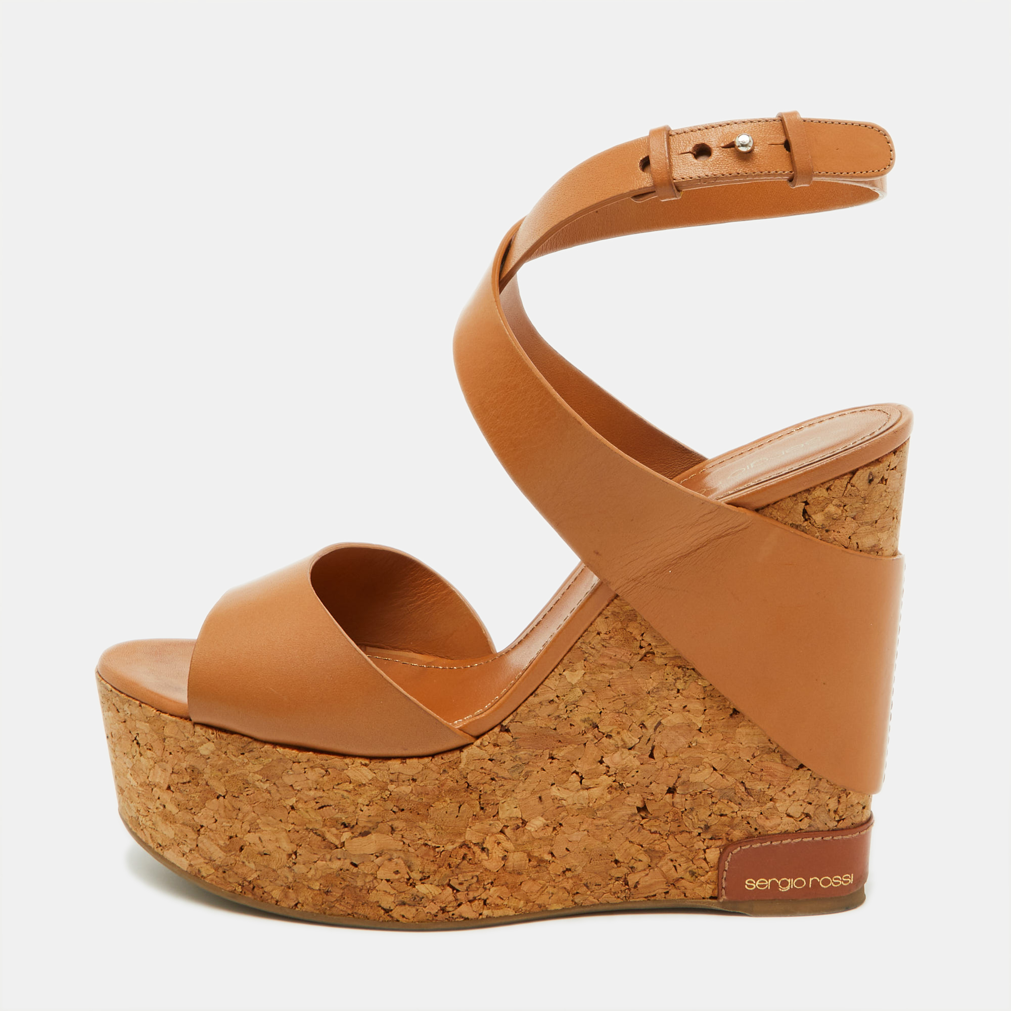 

Sergio Rossi Tan Leather Strappy Cork Platform Wedge Sandals Size