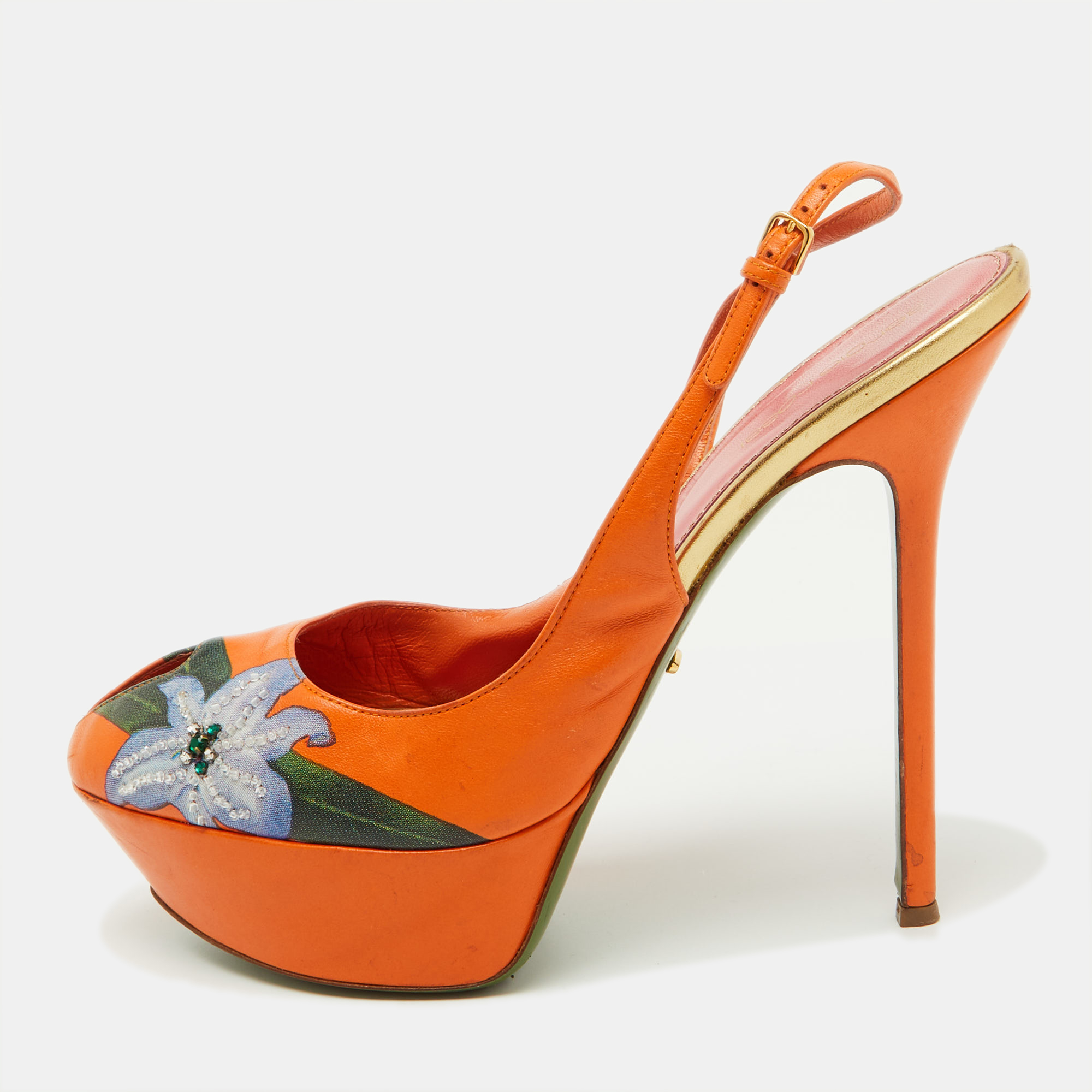 

Sergio Rossi Orange Leather Floral Print Peep Toe Platform Slingback Sandals Size