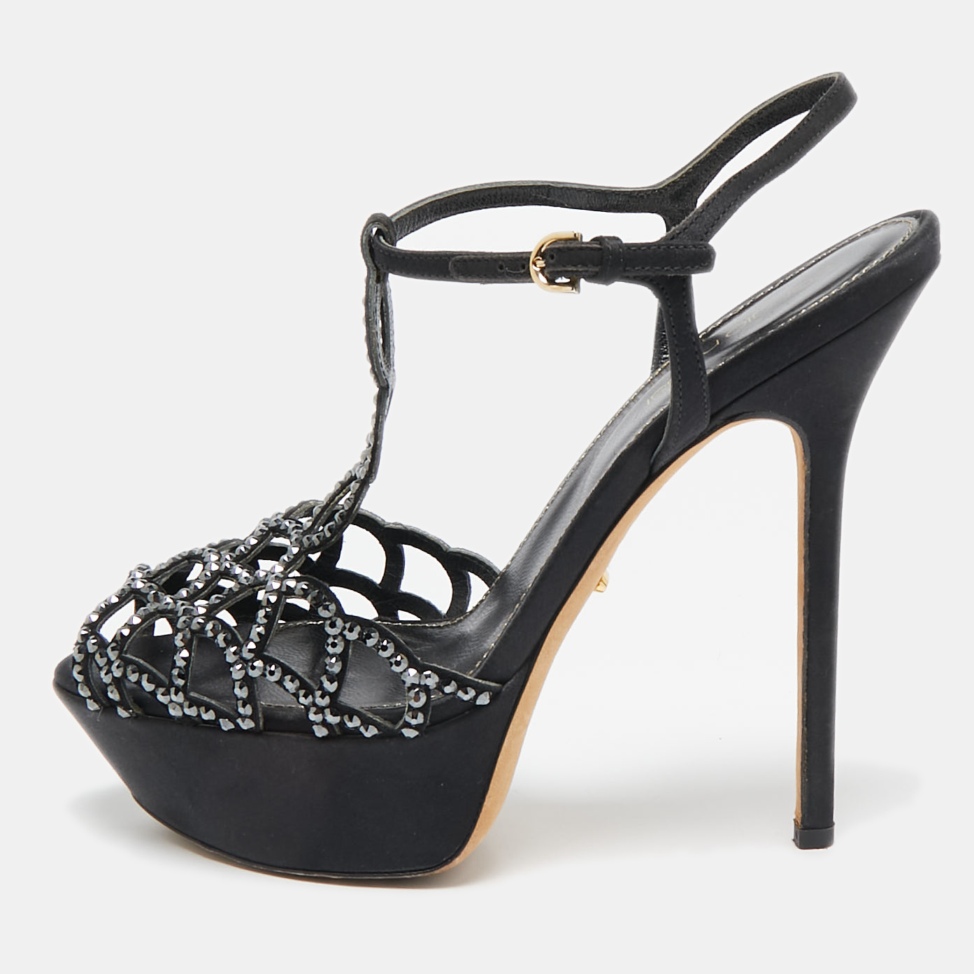 

Sergio Rossi Black Satin Crystal Embellished Strappy Platform Sandals Size