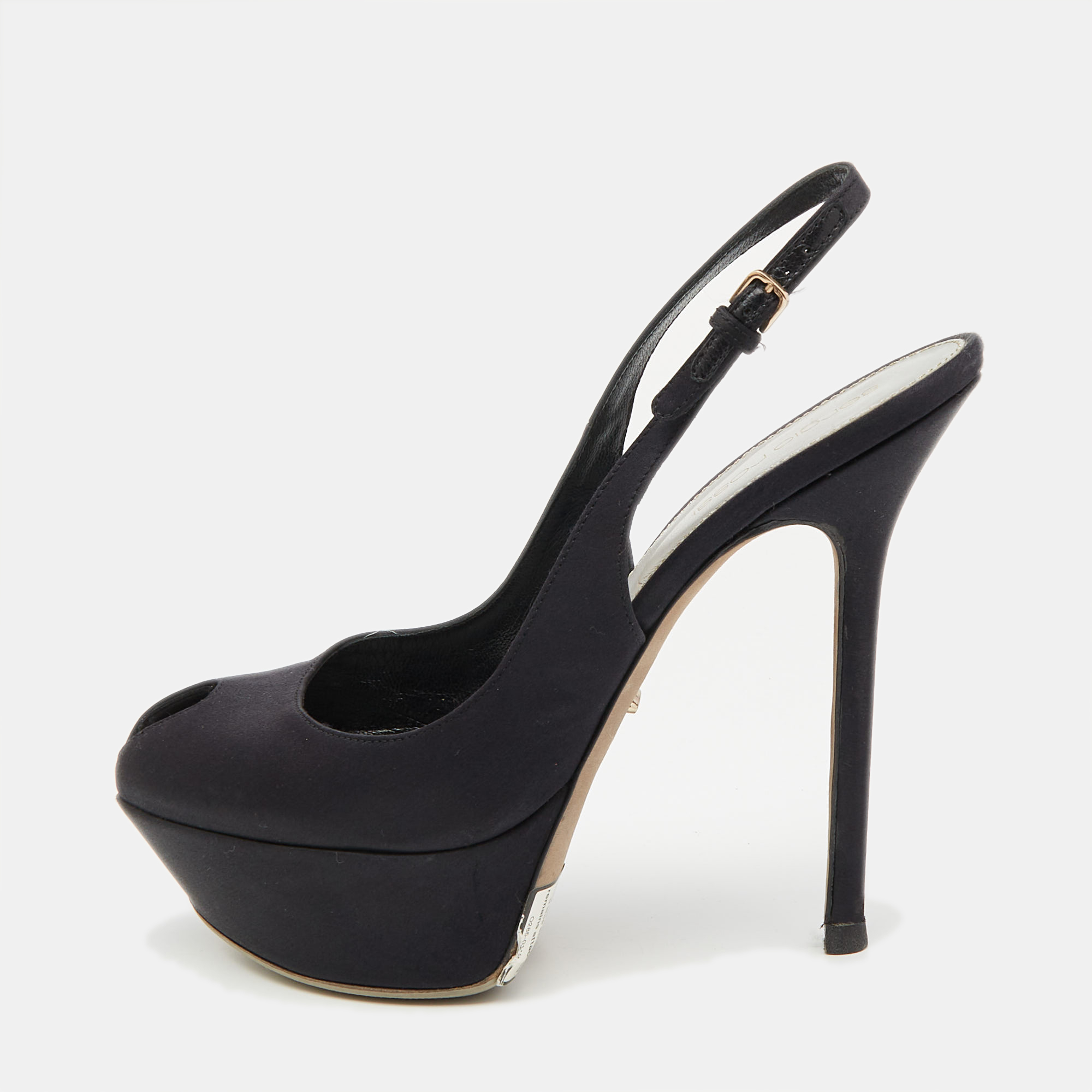 

Sergio Rossi Black Satin Slingback Peep Toe Pumps Size