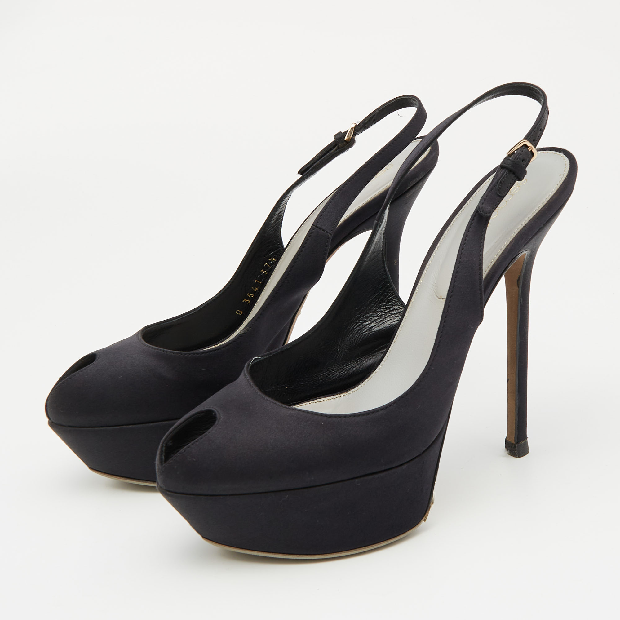 Sergio Rossi Black Satin Slingback Peep Toe Pumps Size 37.5 