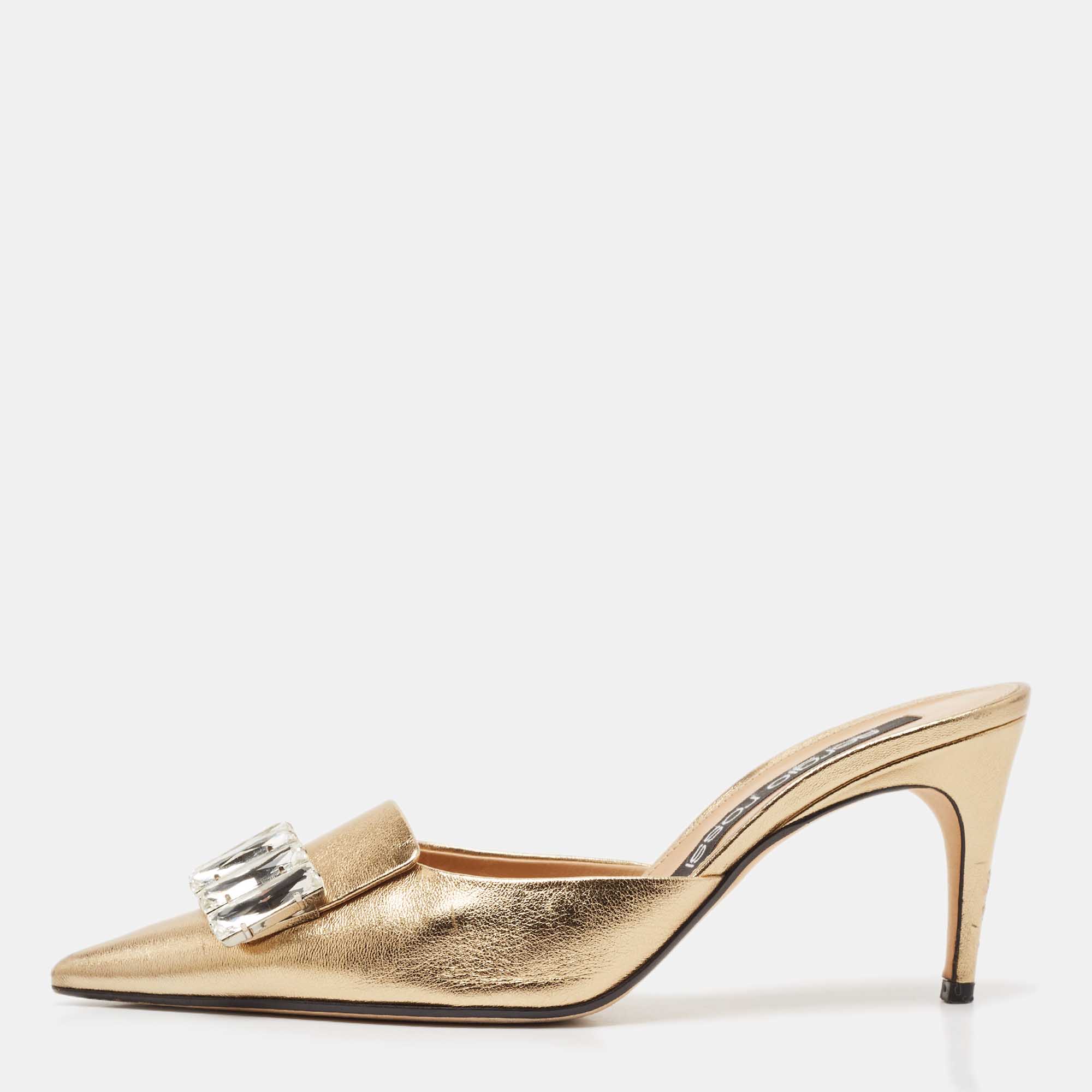 

Sergio Rossi Gold Leather Crystal Embellished Mules Size