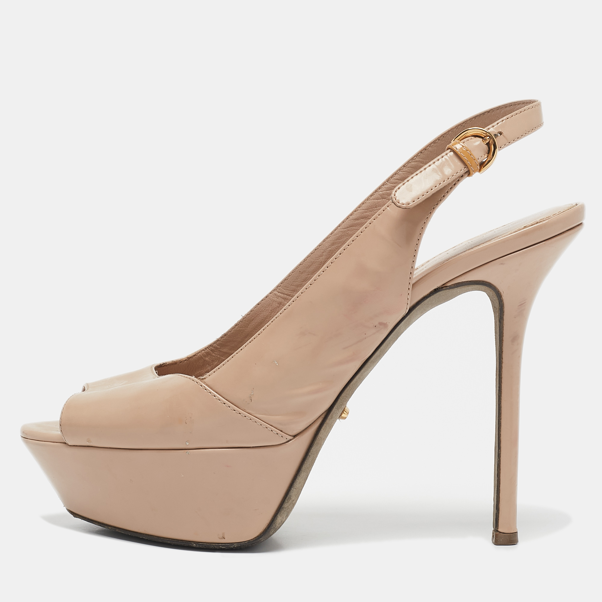 

Sergio Rossi Beige Patent Leather Peep Toe Platform Slingback Pumps Size