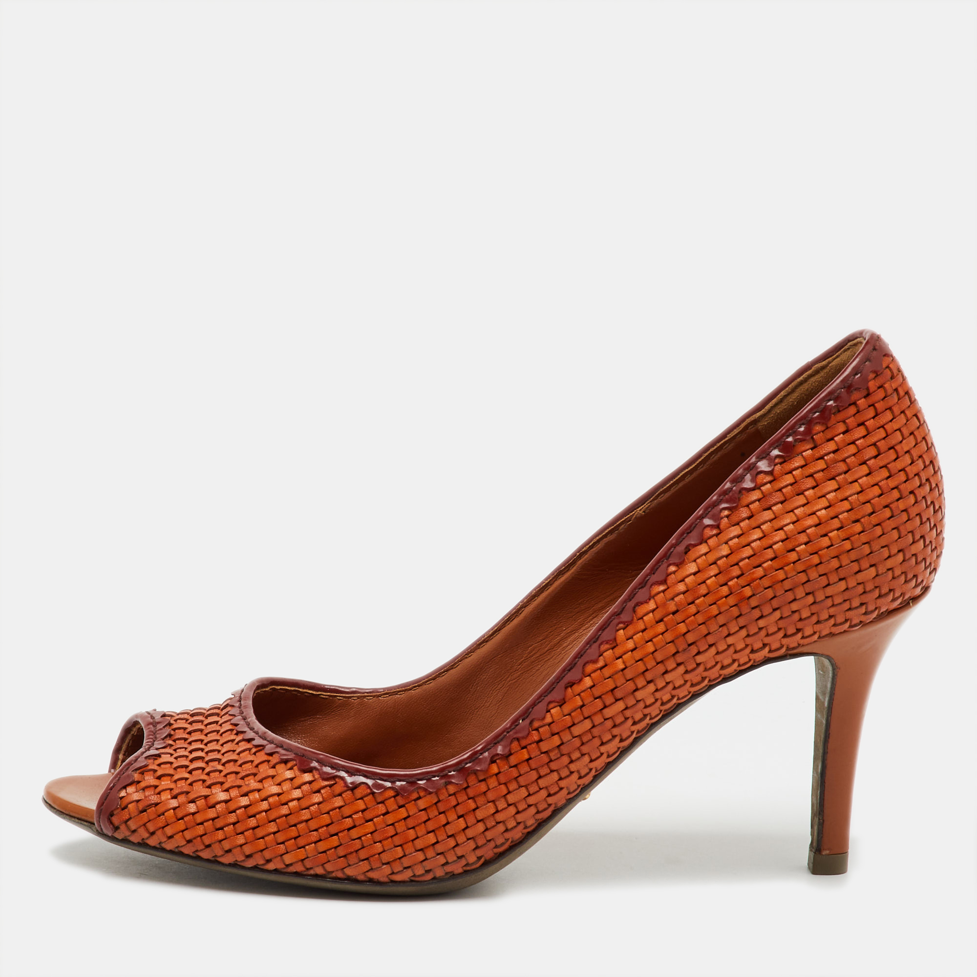 

Sergio Rossi Burnt Orange Woven Leather Peep Toe Pumps Size