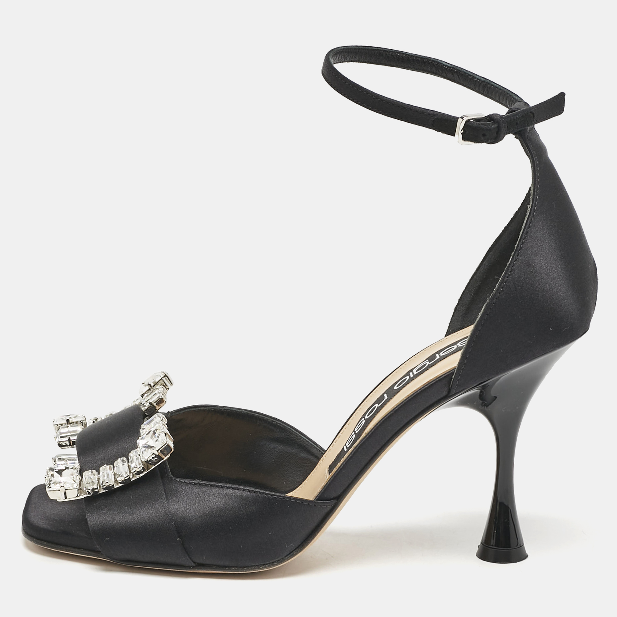 

Sergio Rossi Black Satin Crystal Embellished Ankle Strap Sandals Size
