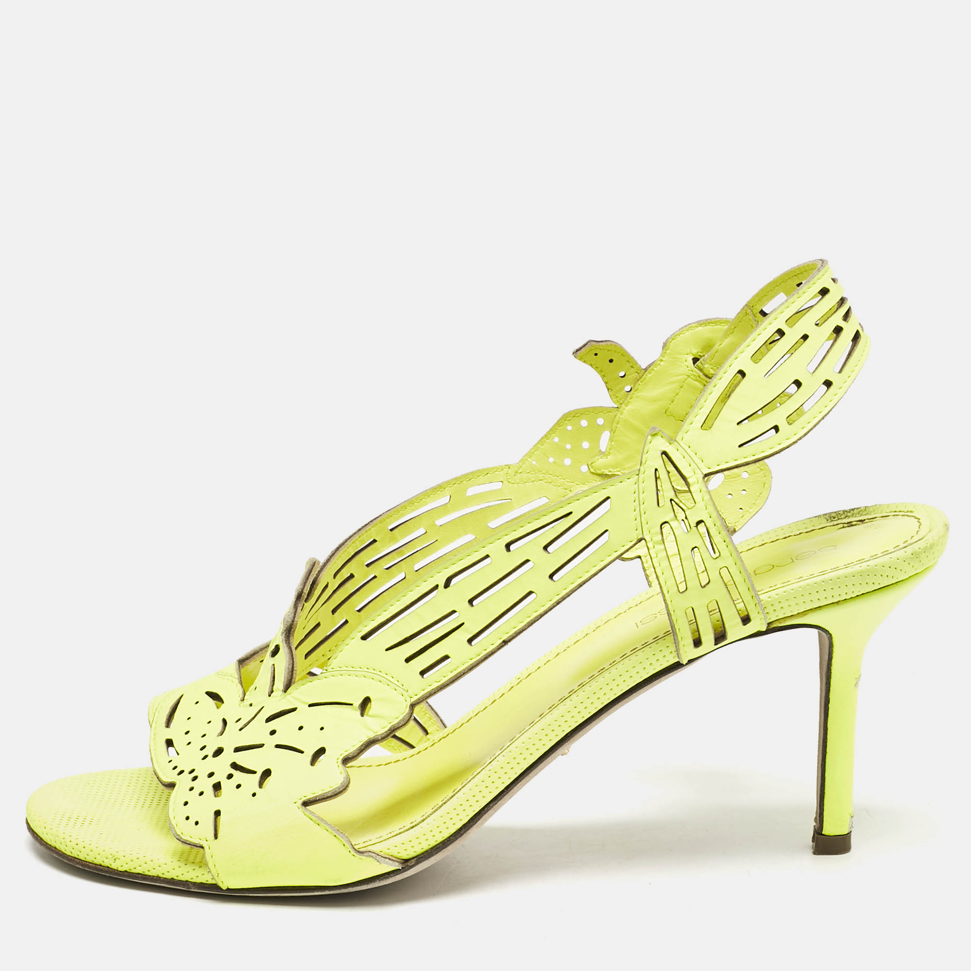 

Sergio Rossi Lime Green Leather Lasercut Sandals Size