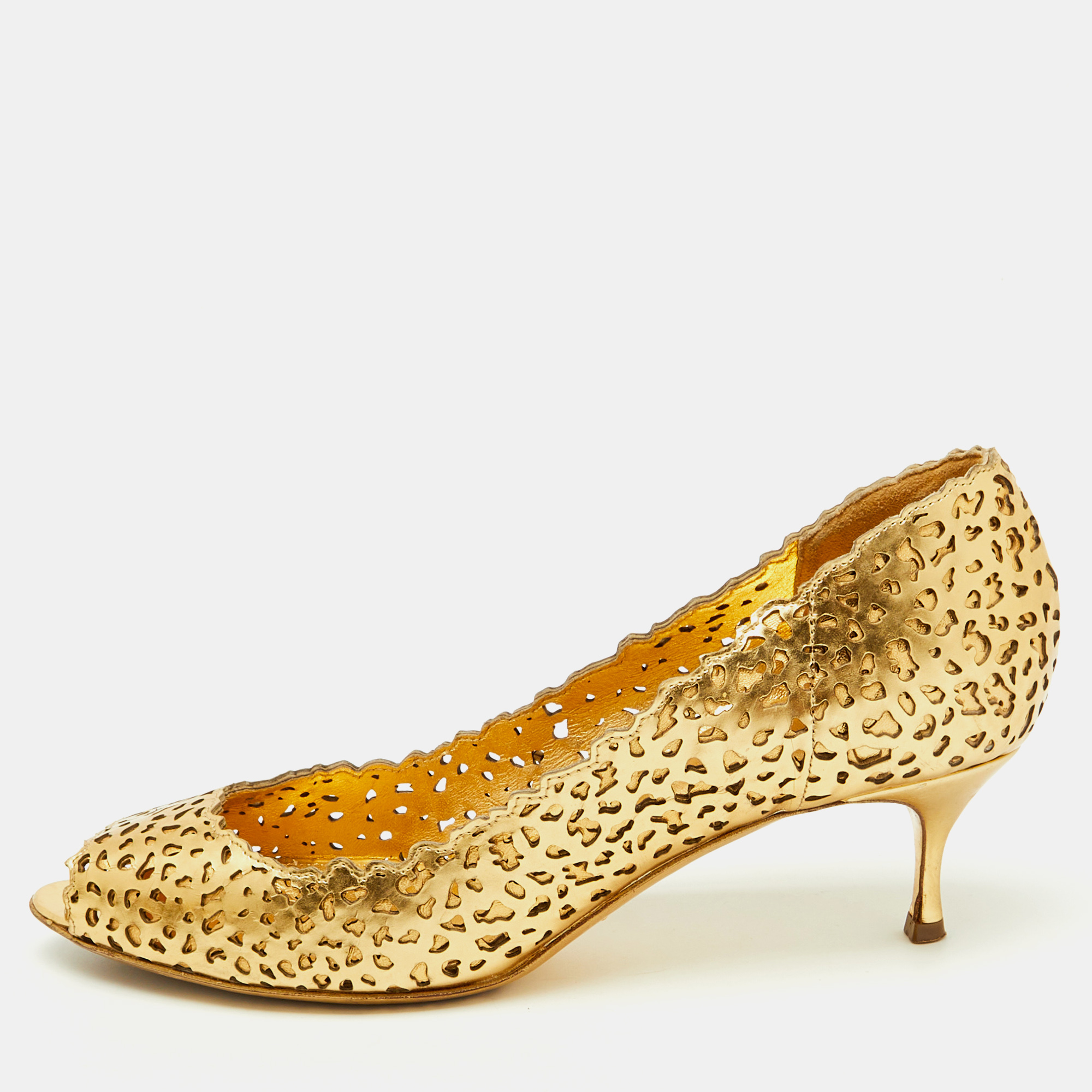 

Sergio Rossi Metallic Gold Laser Cut Leather Open Toe Pumps Size