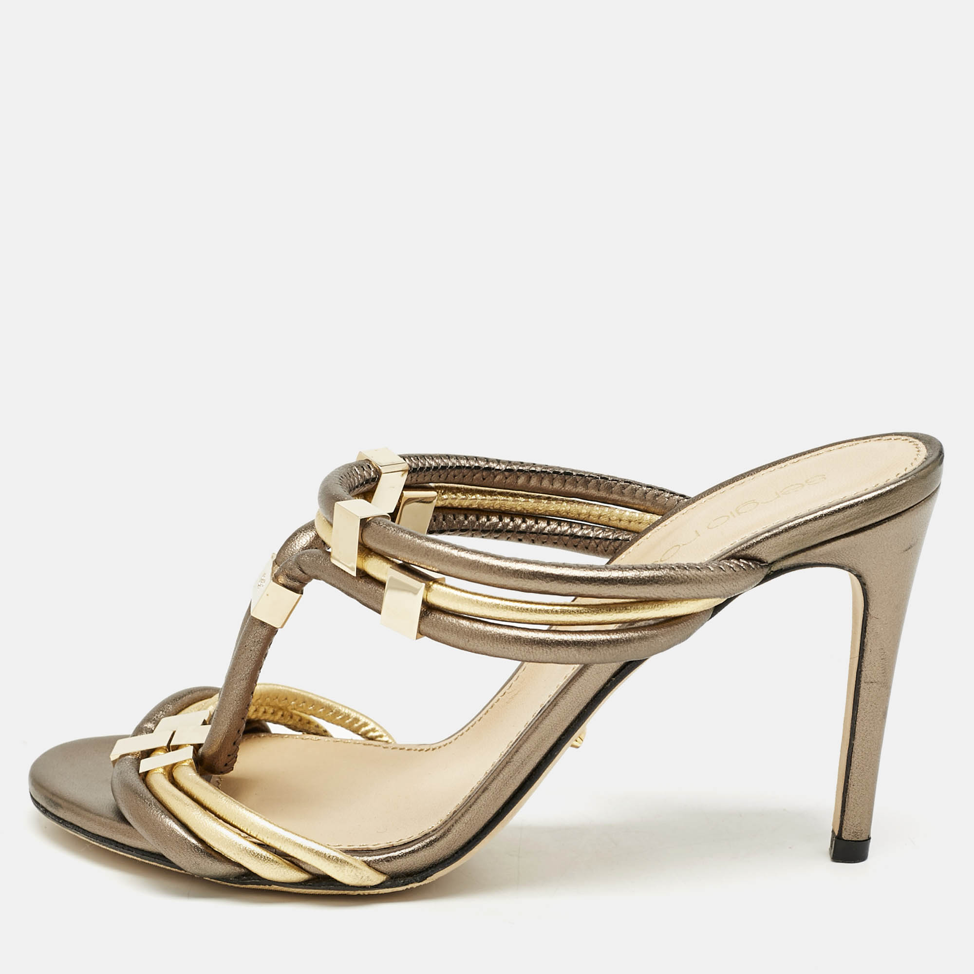 

Sergio Rossi Green/Gold Leather T Strap Slide Sandals Size