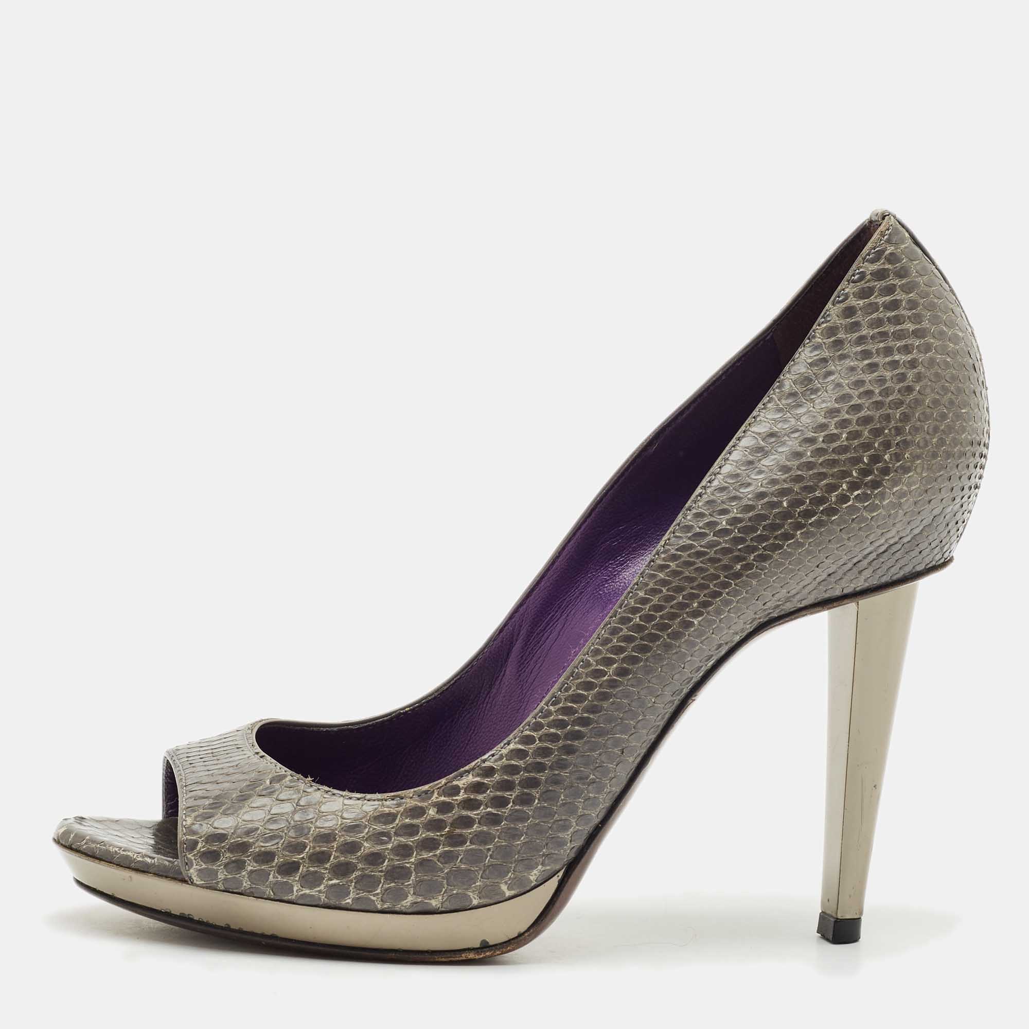 

Sergio Rossi Dark Grey Snakeskin Leather Open Toe Pumps Size