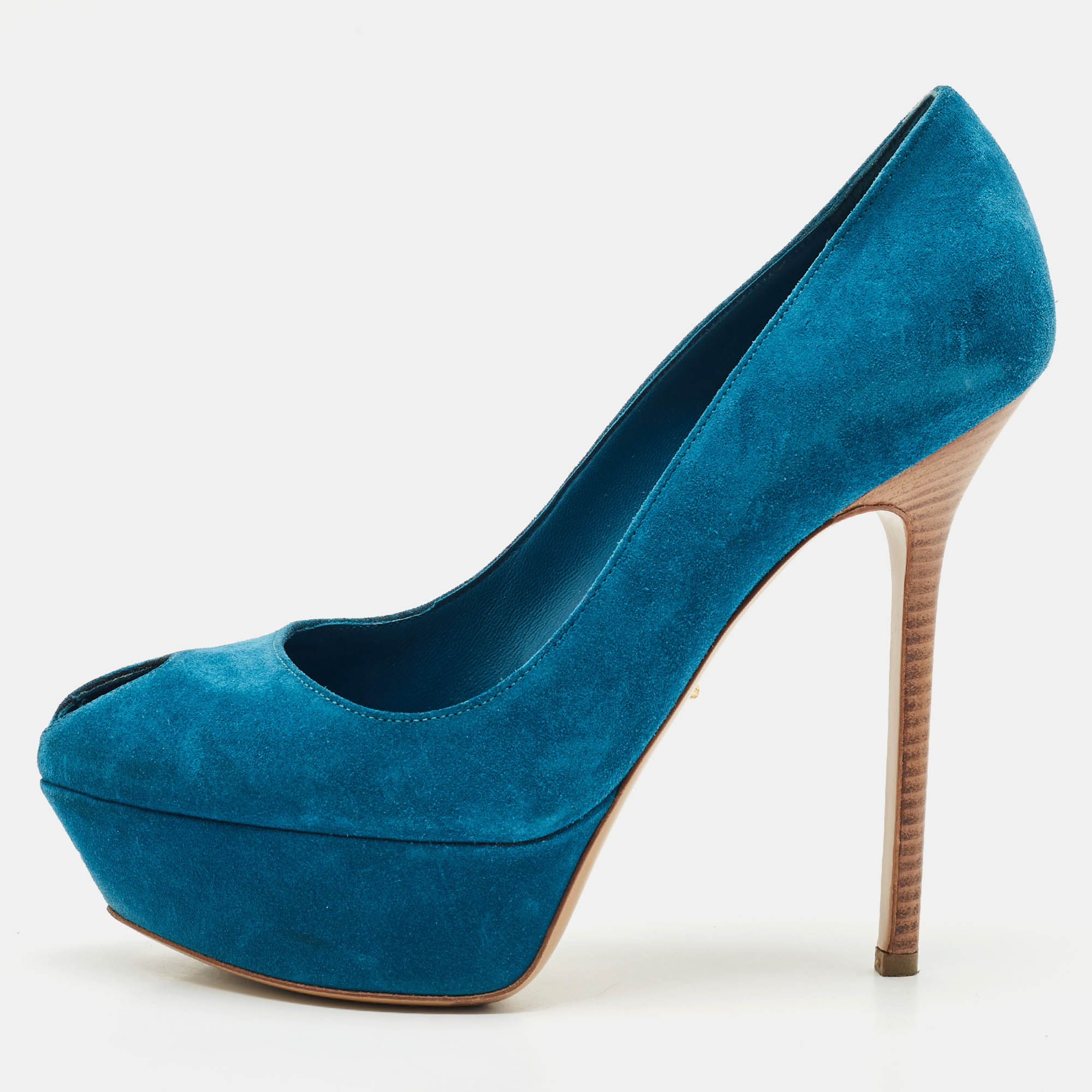 

Sergio Rossi Blue Suede Peep Toe Platform Pumps Size