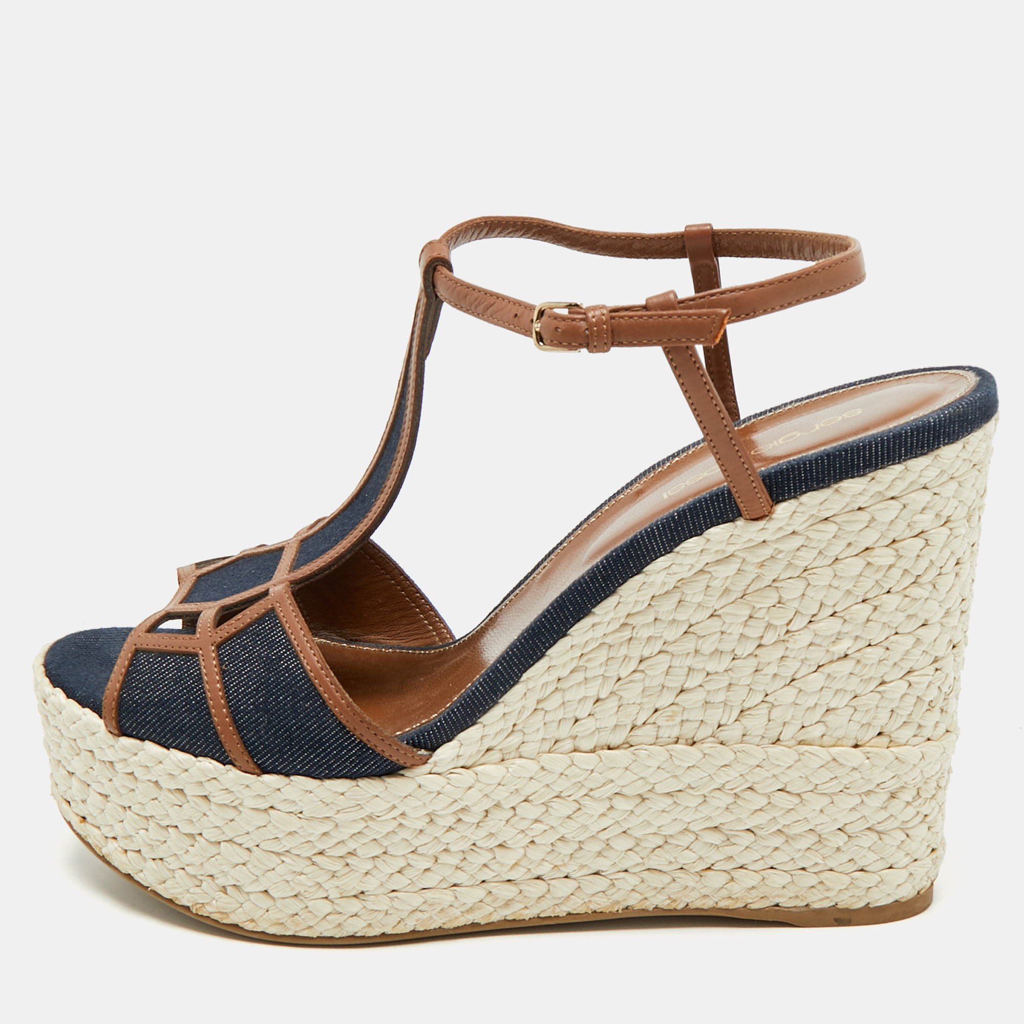 

Sergio Rossi Navy Blue/Brown Denim and Leather Espadrille Platform Wedge Sandals Size